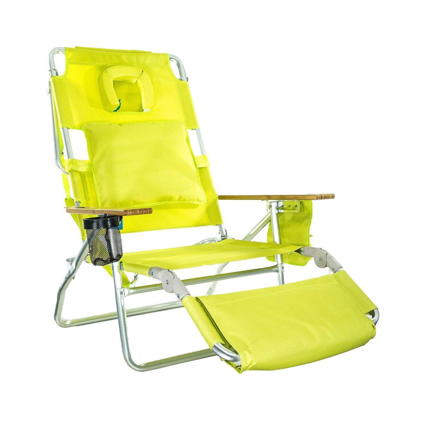 Ostrich Deluxe 3 in 1 Beach Chair with Face Opening - Portable, Reclining Lounger for Tanning - Face Hole for Reading on Stomach - Padded Footrest, Removable Pillow - Aluminum (Green)