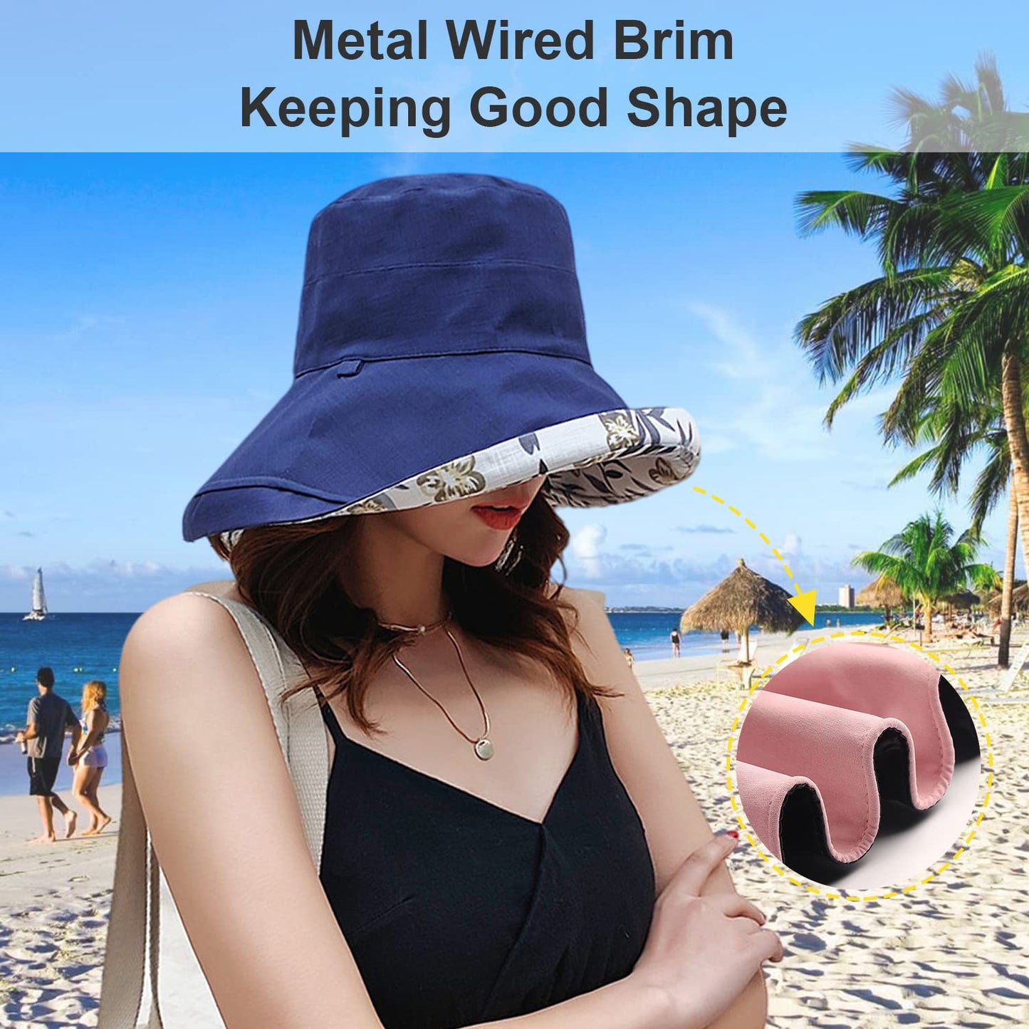 Women Wide Brim Sun Hats Metal Wired Edge Summer UV Protection Beach Fishing Hat for Hiking Garden Travel Chin Strap