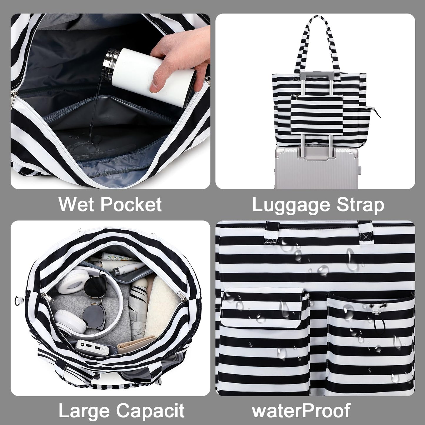 LEDAOU Large Beach Tote Bag Women Waterproof Sandproof Zipper Beach Tote Bag for Pool Gym Grocery Travel with Wet Pocket