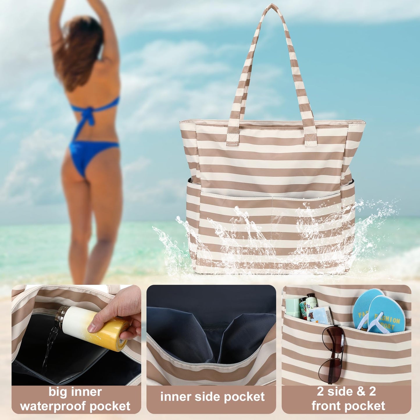 LEDAOU Large Beach Tote Bag Women Waterproof Sandproof Zipper Beach Tote Bag for Pool Gym Grocery Travel with Wet Pocket