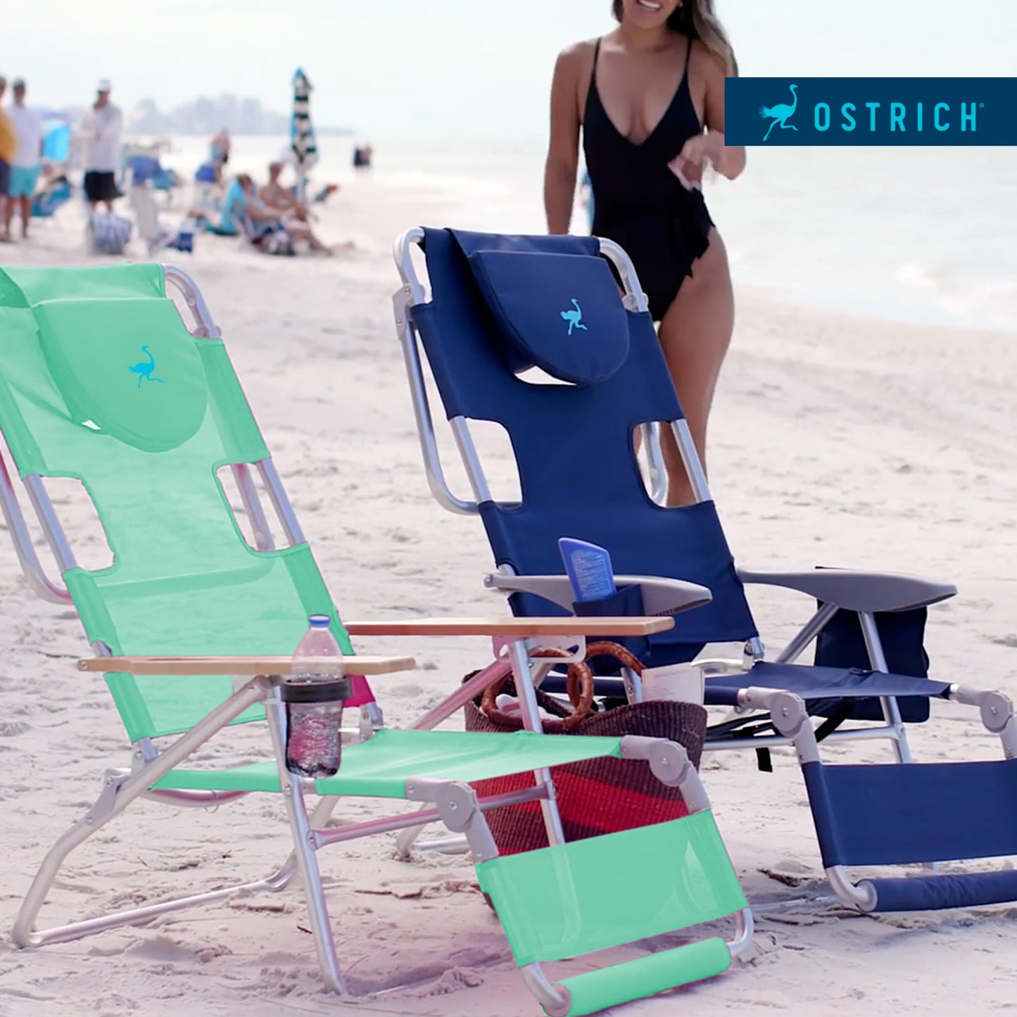 Ostrich Deluxe 3 in 1 Beach Chair with Face Opening - Portable, Reclining Lounger for Tanning - Face Hole for Reading on Stomach - Padded Footrest, Removable Pillow - Aluminum (Green)