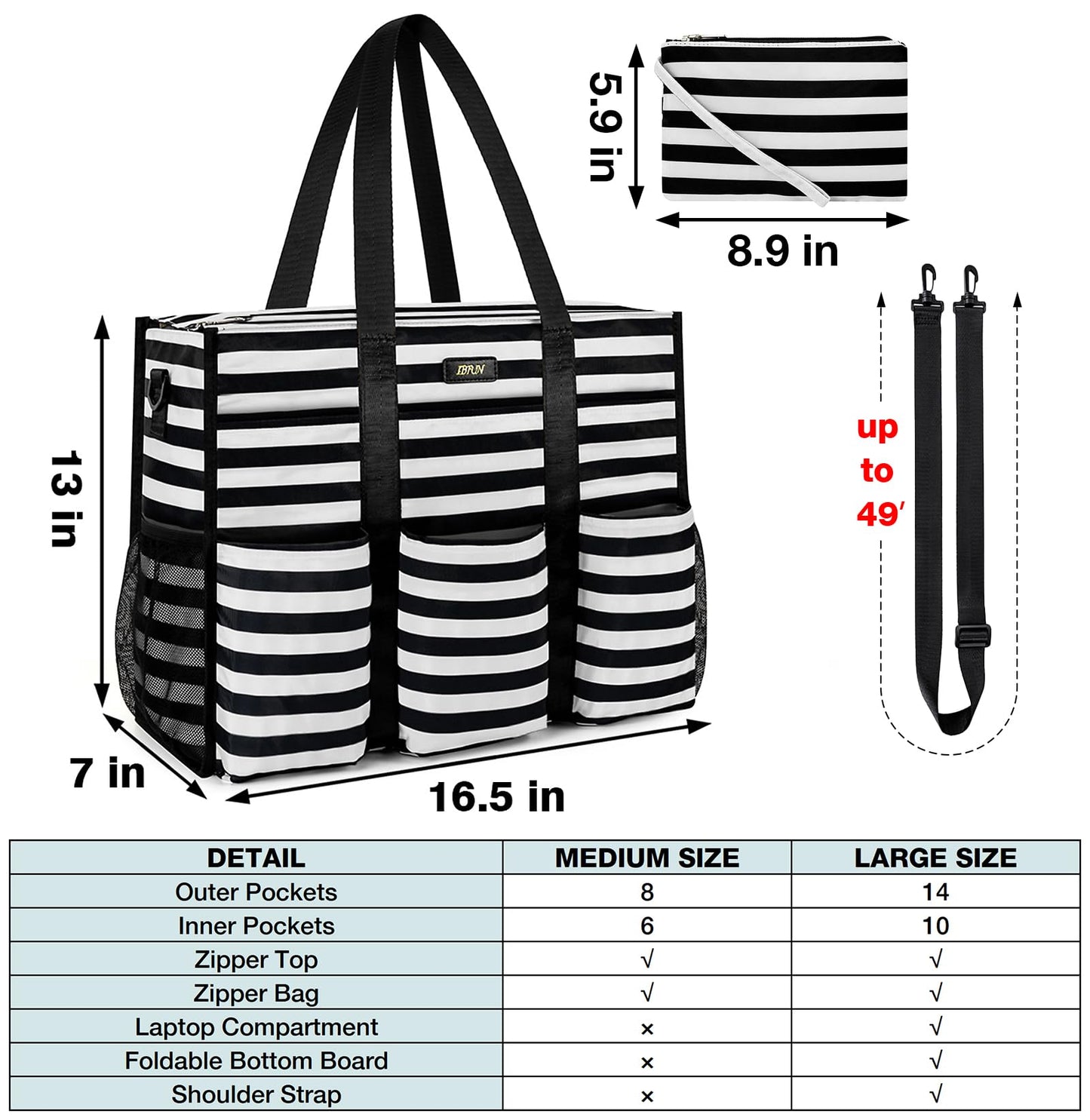 IBFUN Utility Tote Bag with 14/24 Pockets Zip Top Teacher Tote Bag for Teacher/Work Women