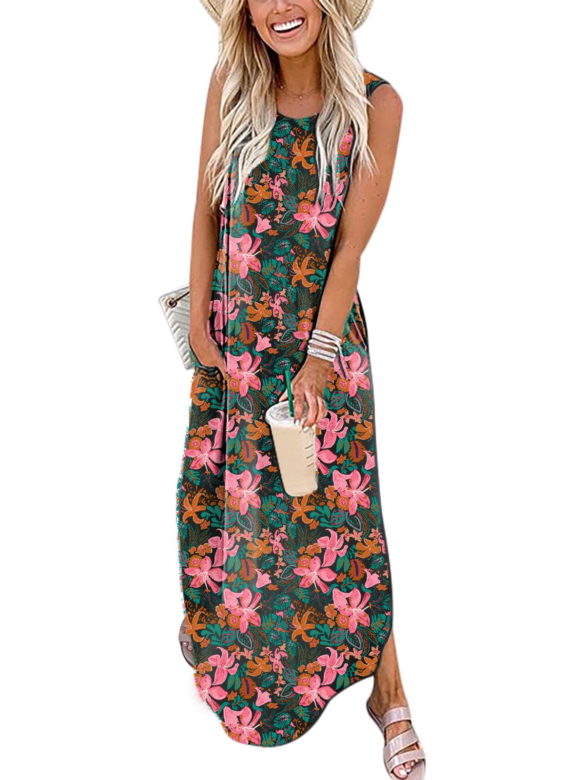 ANRABESS Women Casual Loose Sundress Sleeveless Split Maxi Long Beach Shirt Dress Travel Vacation 2024 Summer Outfits