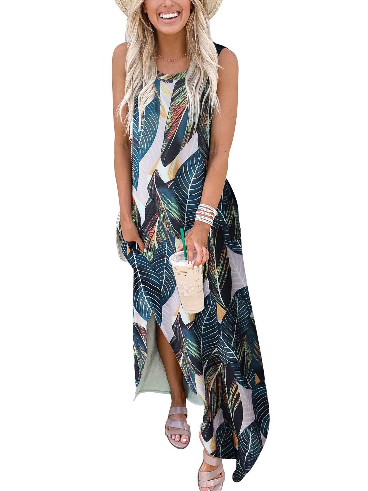 ANRABESS Women Casual Loose Sundress Sleeveless Split Maxi Long Beach Shirt Dress Travel Vacation 2024 Summer Outfits