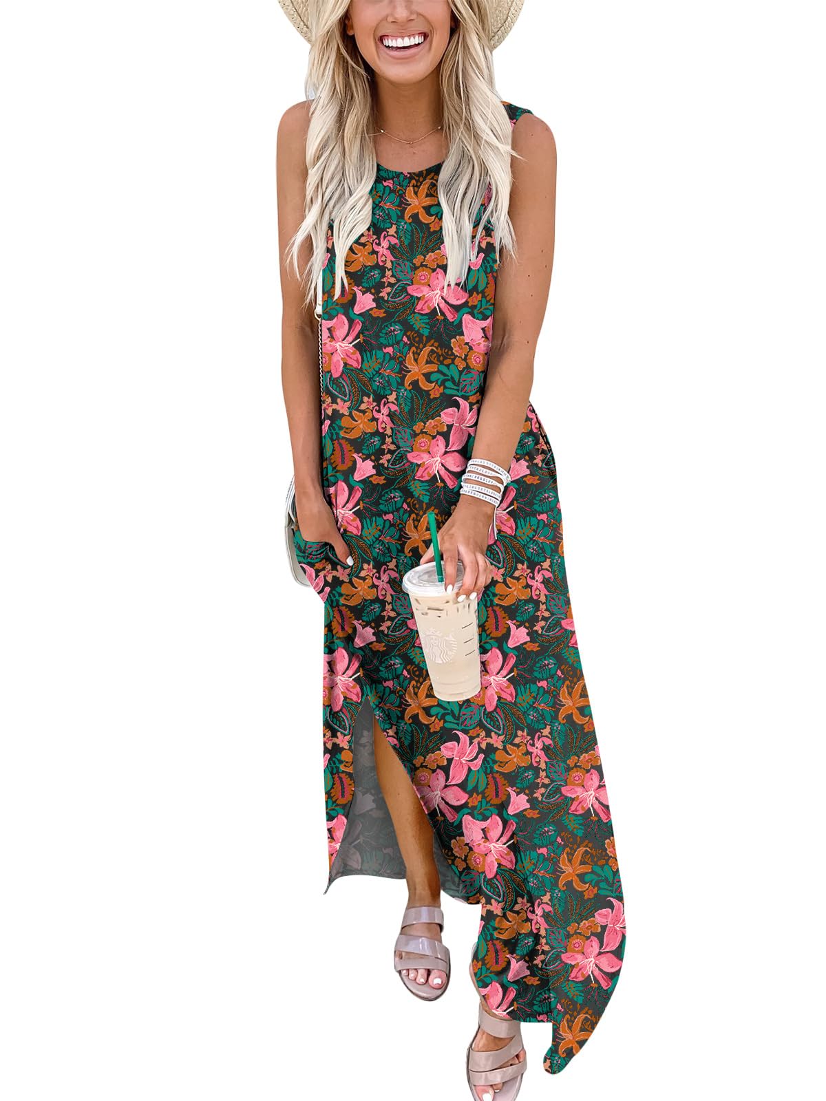 ANRABESS Women Casual Loose Sundress Sleeveless Split Maxi Long Beach Shirt Dress Travel Vacation 2024 Summer Outfits