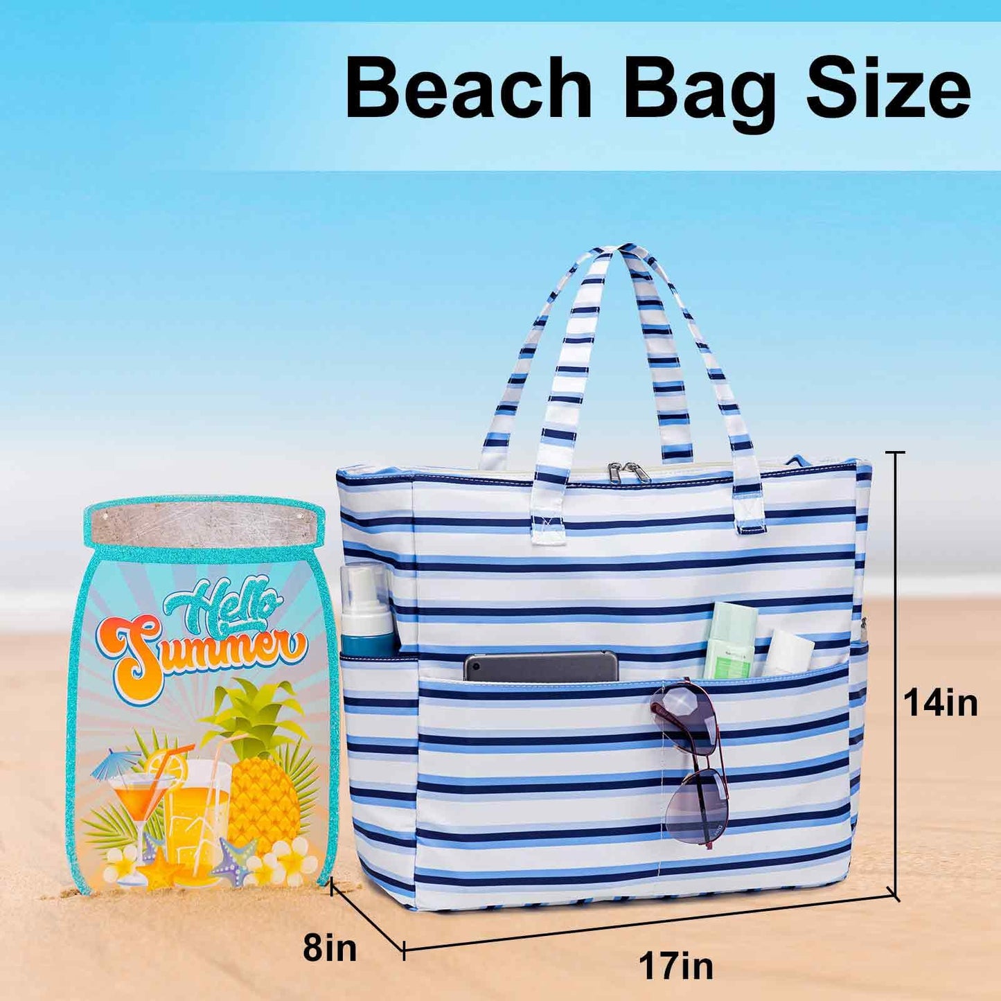 LEDAOU Large Beach Tote Bag Women Waterproof Sandproof Zipper Beach Tote Bag for Pool Gym Grocery Travel with Wet Pocket