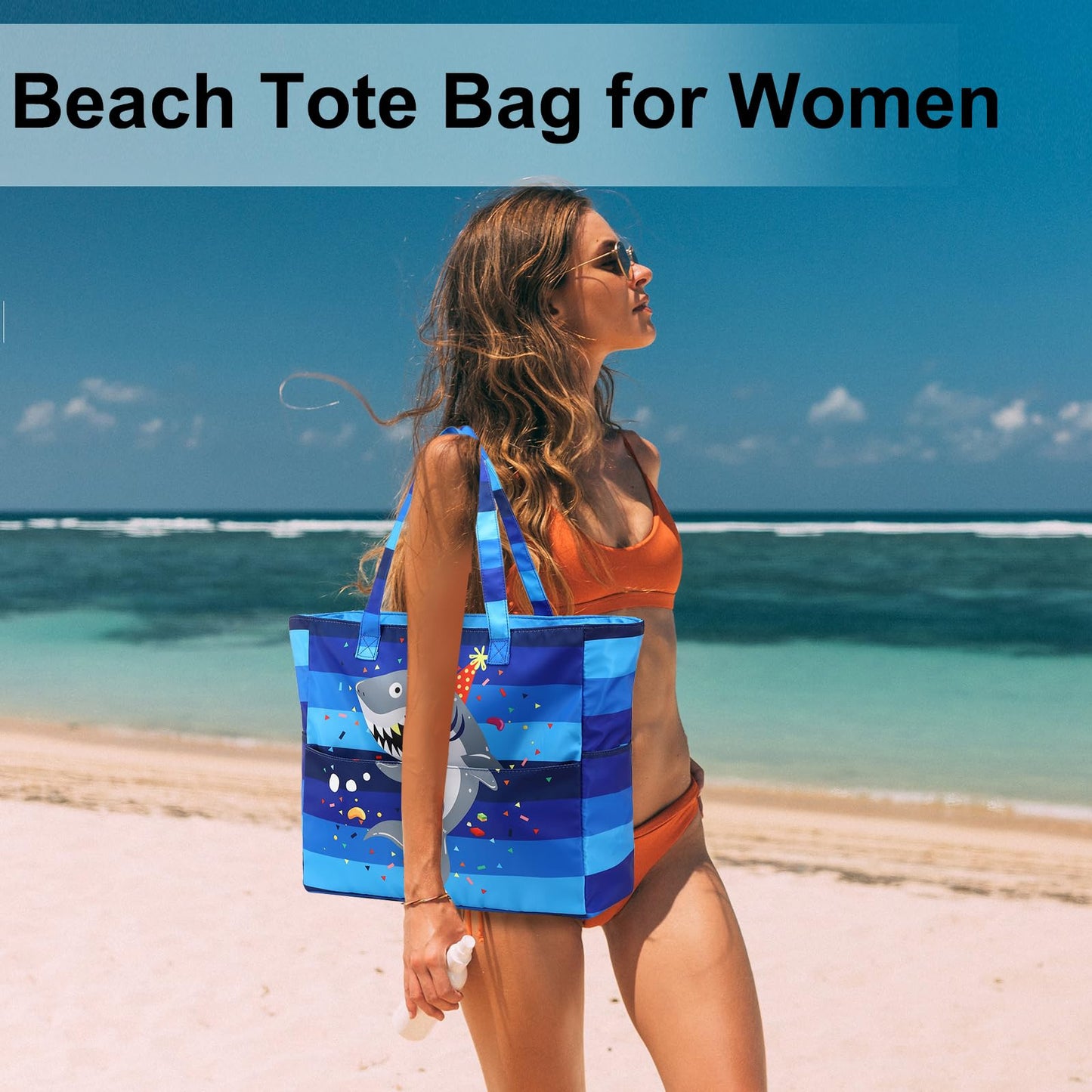 LEDAOU Large Beach Tote Bag Women Waterproof Sandproof Zipper Beach Tote Bag for Pool Gym Grocery Travel with Wet Pocket