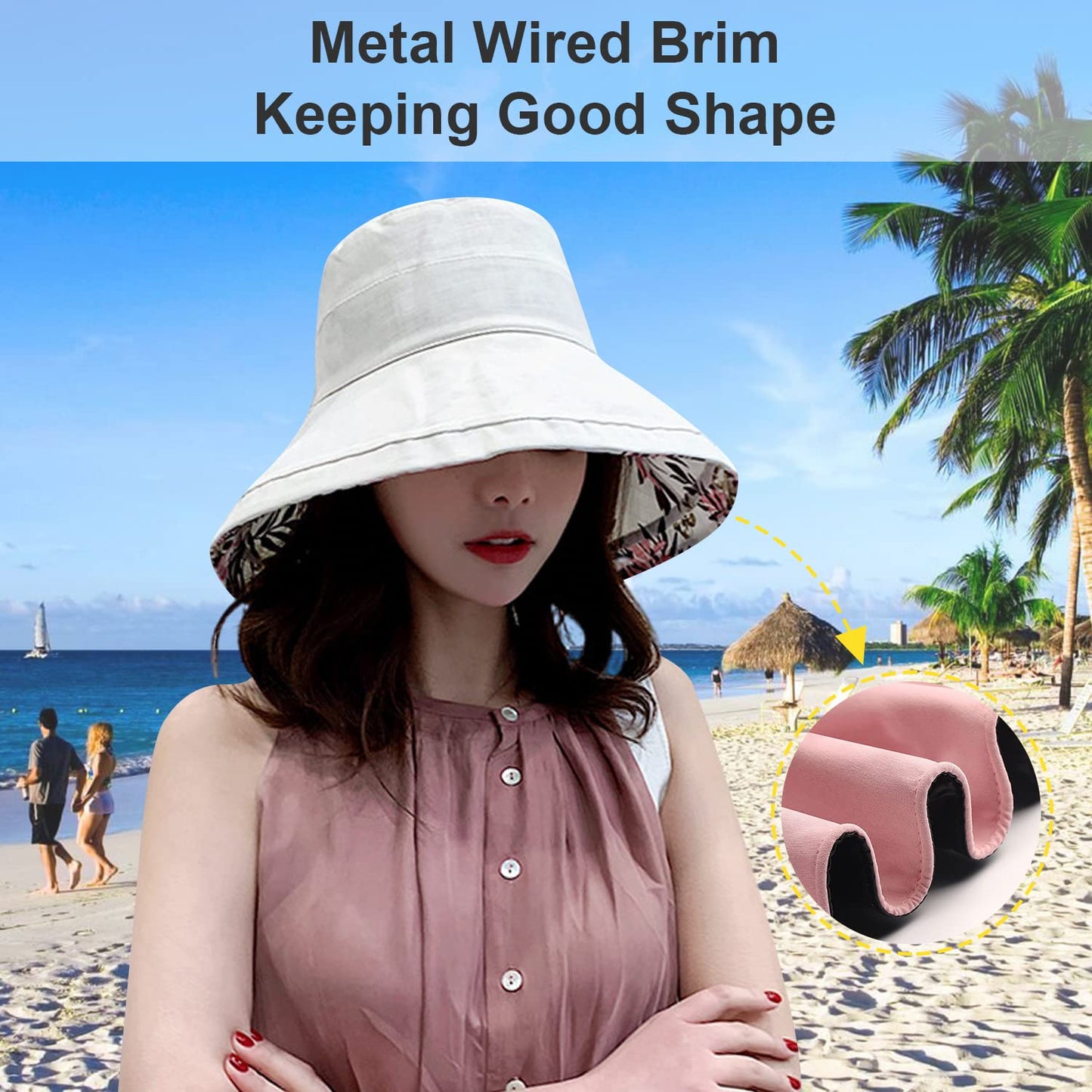 Women Wide Brim Sun Hats Metal Wired Edge Summer UV Protection Beach Fishing Hat for Hiking Garden Travel Chin Strap