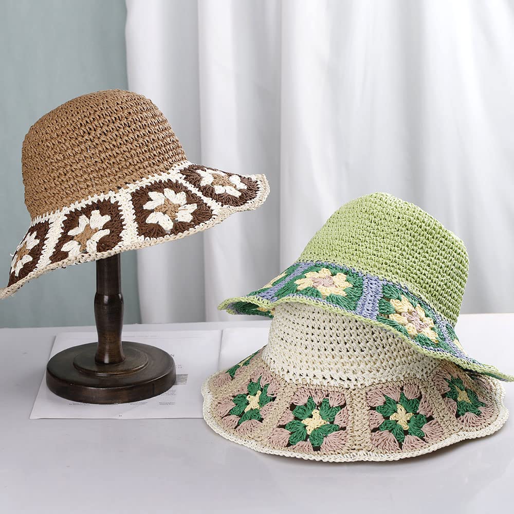 Womens Straw Sun Hat Floral Woven Bucket Hat Fishing Hat Beach Hat Hand Woven Foldable Cap