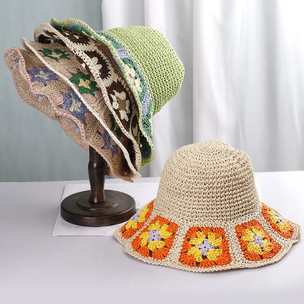 Womens Straw Sun Hat Floral Woven Bucket Hat Fishing Hat Beach Hat Hand Woven Foldable Cap