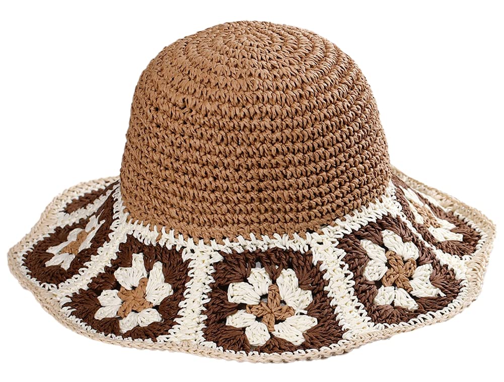 Womens Straw Sun Hat Floral Woven Bucket Hat Fishing Hat Beach Hat Hand Woven Foldable Cap