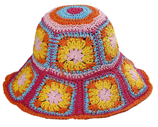 Womens Straw Sun Hat Floral Woven Bucket Hat Fishing Hat Beach Hat Hand Woven Foldable Cap