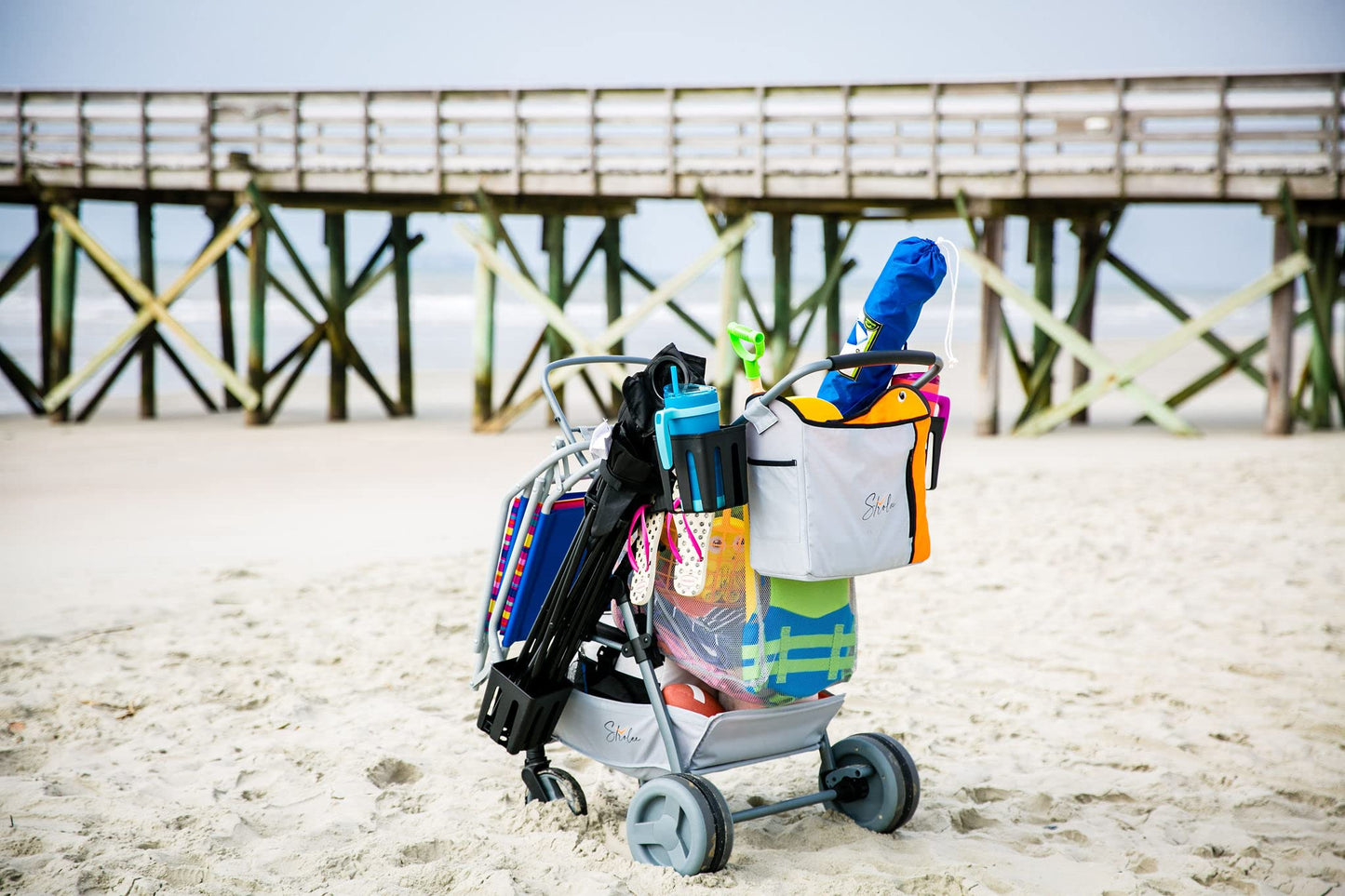 Large Wheeled Collapsible Beach Cart for Soft Sand, Fishing, Camping & Garden- Lightweight Rust-Free Aluminum Frame- Removable Personal Item Storage, X-L Capacity & Cooler Rack- Best Grey