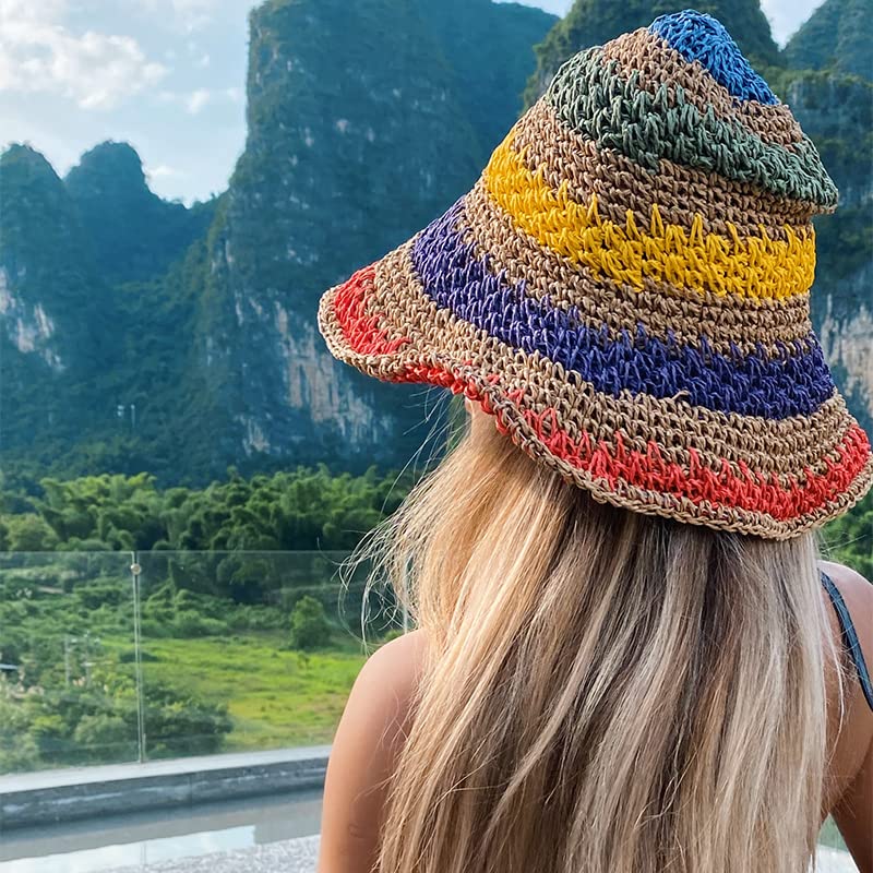 Women Straw Sun Hat Hand Woven Y2K Aesthetic Bucket Hat Striped Fishing Hat Beach Hat Foldable Cap Chic Summer Accessories