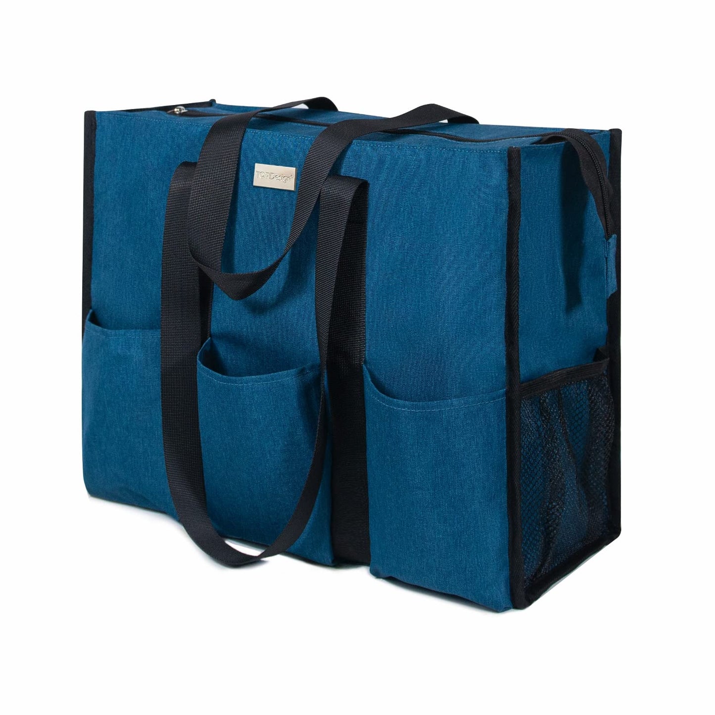 TOPDesign Utility Water Resistant Tote Bag with 13 Exterior & Interior Pockets, Top Zipper Closure & Thick Bottom Support