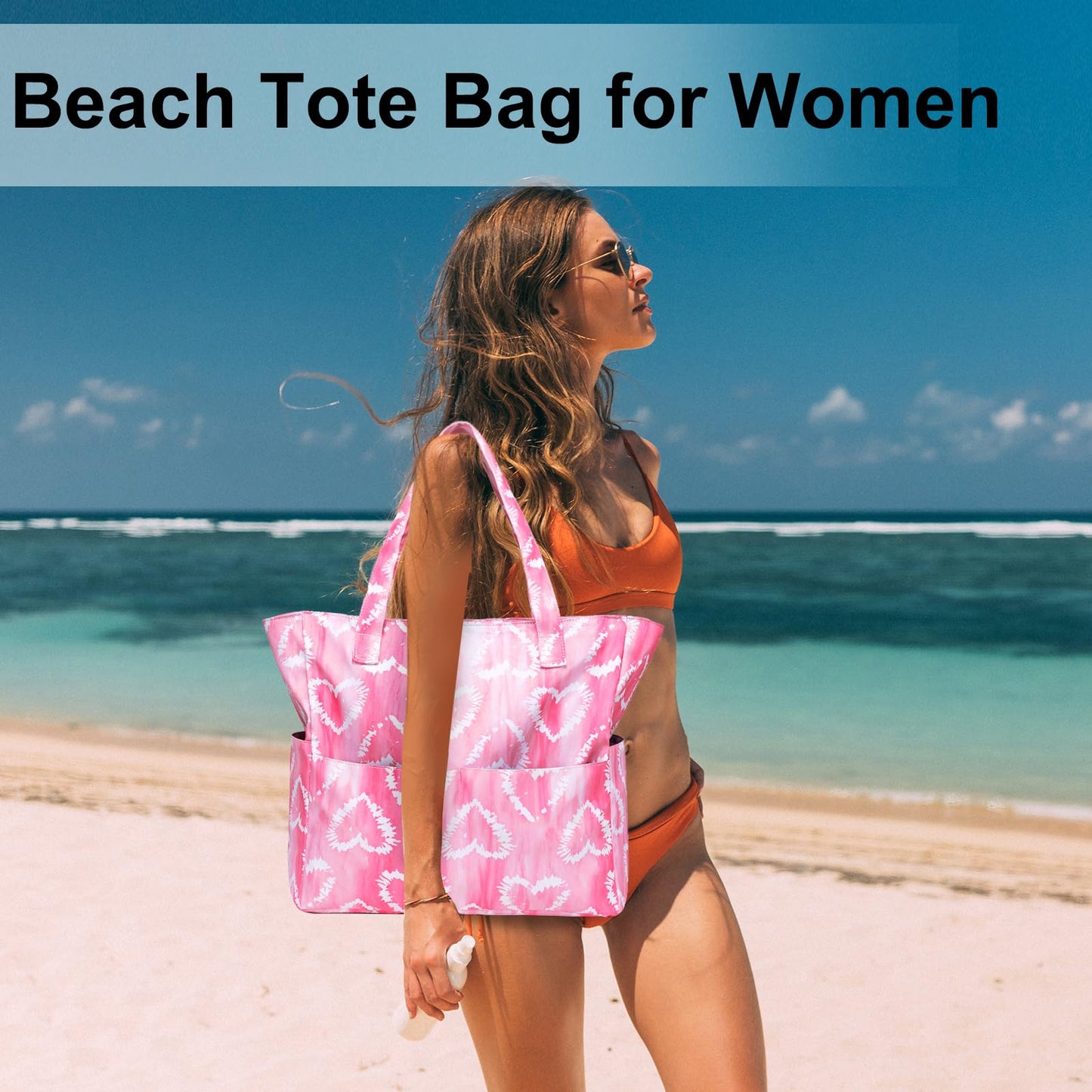 LEDAOU Large Beach Tote Bag Women Waterproof Sandproof Zipper Beach Tote Bag for Pool Gym Grocery Travel with Wet Pocket