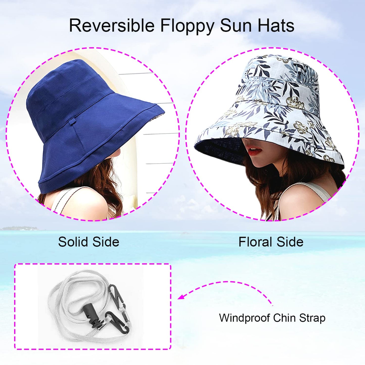 Women Wide Brim Sun Hats Metal Wired Edge Summer UV Protection Beach Fishing Hat for Hiking Garden Travel Chin Strap