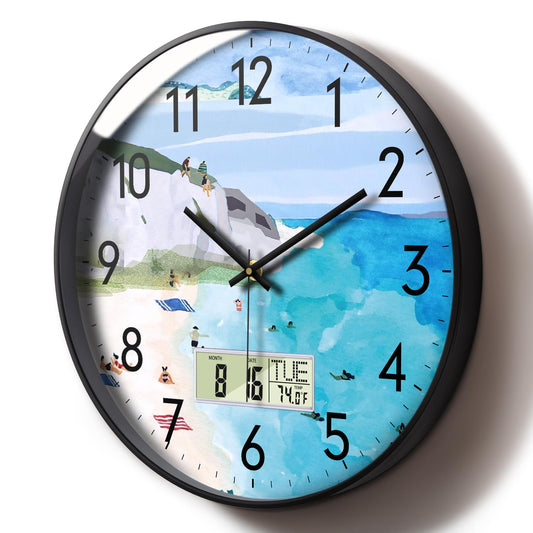 Modern Wall Clocks with Calendar and Date Ocean Wave Sea Beach Digital Clock Large Display Non-Ticking Kitchen Silent Clock with Day and Temperature for Elderly Farmhouse Living Room Bathroom 12 Inch