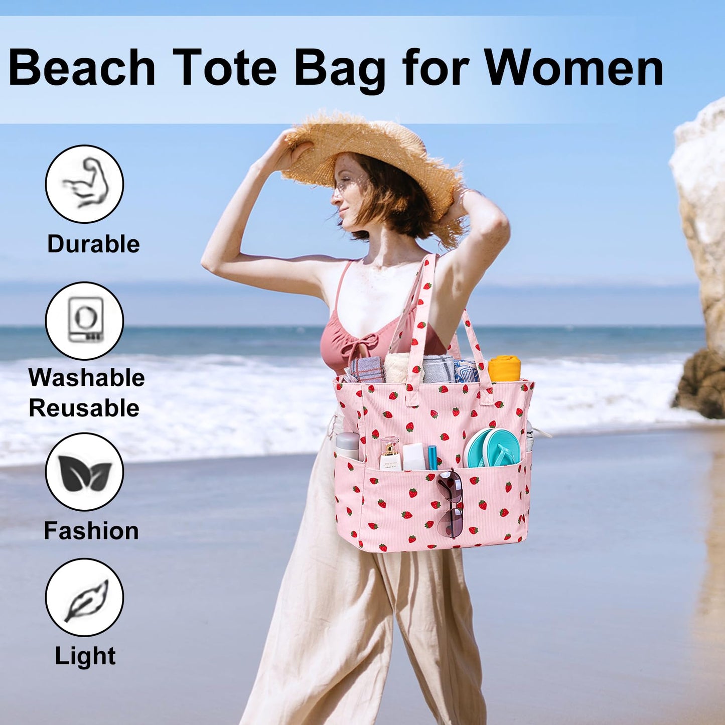 LEDAOU Large Beach Tote Bag Women Waterproof Sandproof Zipper Beach Tote Bag for Pool Gym Grocery Travel with Wet Pocket