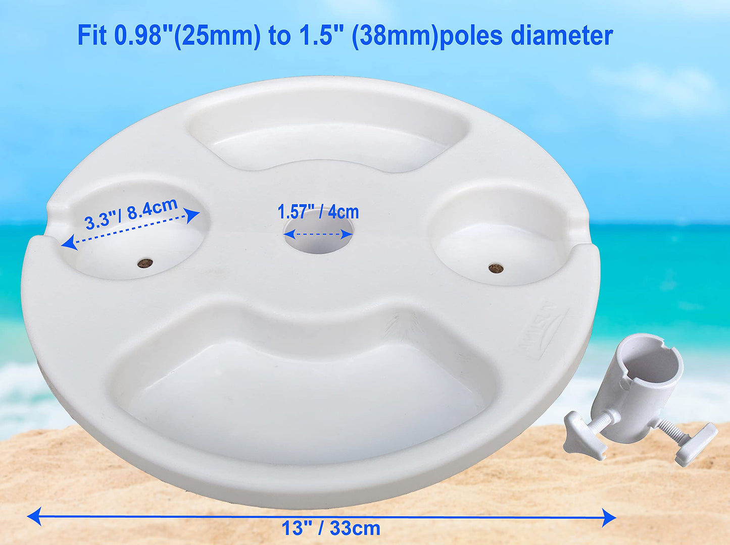 AMMSUN 13" Beach Umbrella Table Tray for Beach, Patio, Garden, Swimming Pool with Cup Holders, Snack Compartments White