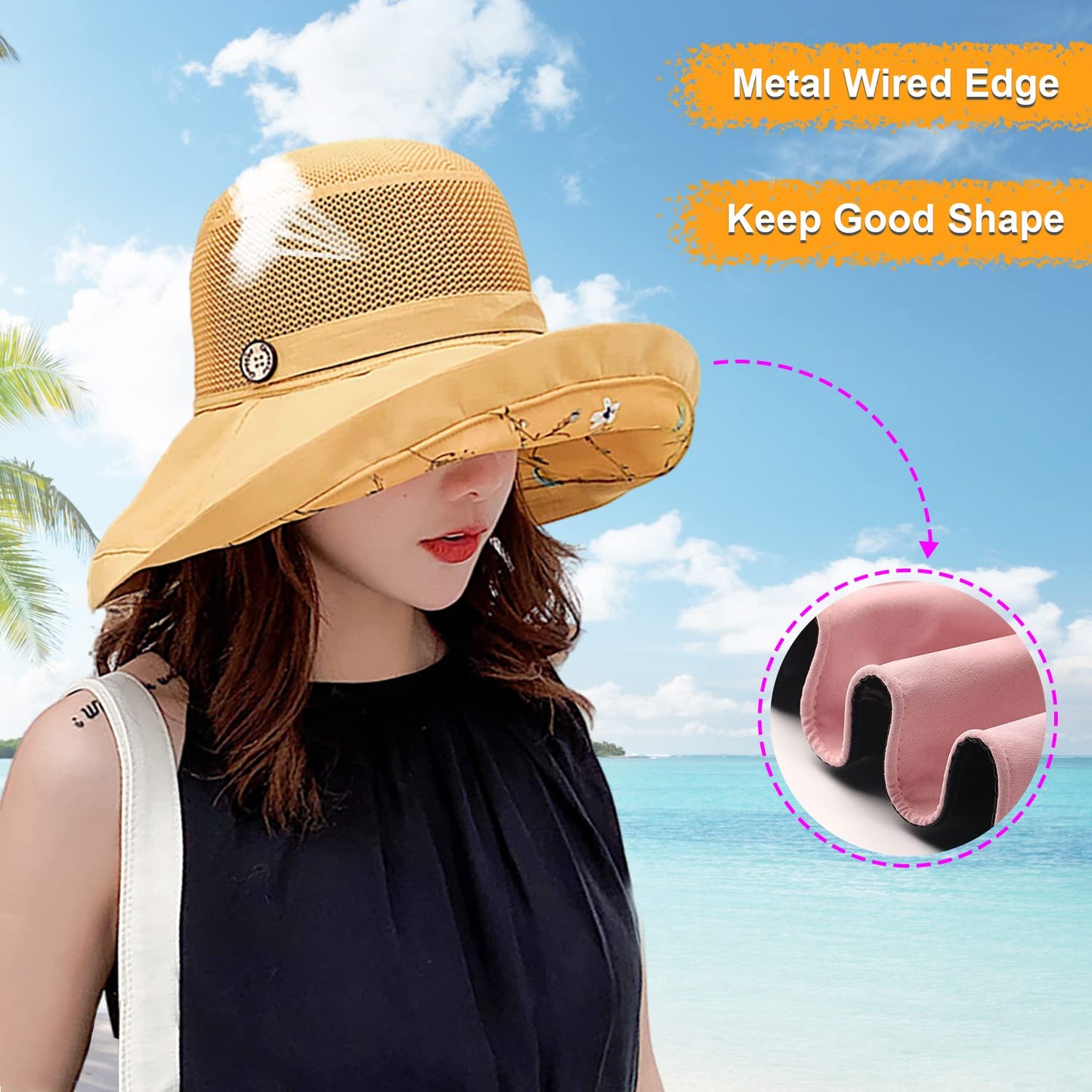 Women Wide Brim Sun Hats Metal Wired Edge Summer UV Protection Beach Fishing Hat for Hiking Garden Travel Chin Strap