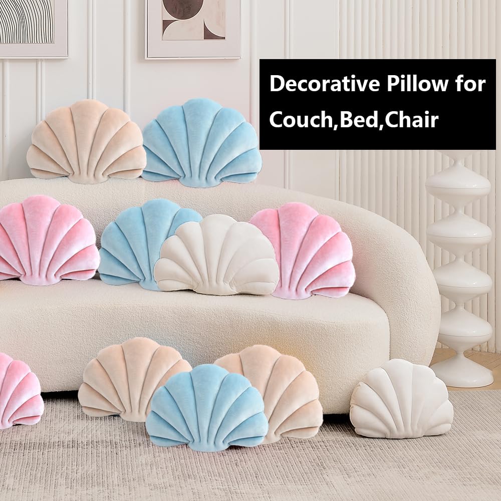 Seashell Decorative Pillow Shell Shaped Throw Pillow 3D Insert Beach Pillow Soft Velvet Pillow Sea Ocean Decoration Couch Bed Pillow Cushions(White,14 X 11 inch)