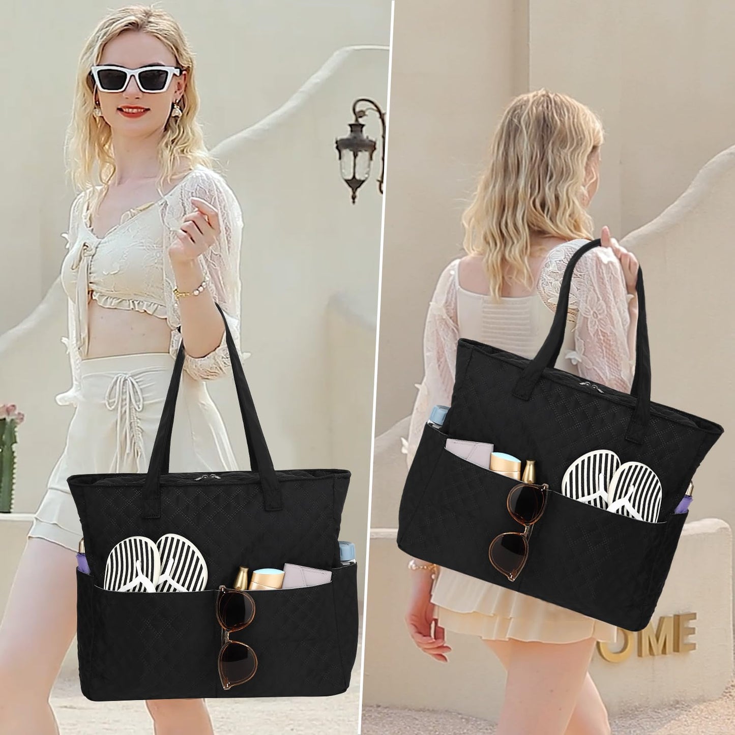 LEDAOU Large Beach Tote Bag Women Waterproof Sandproof Zipper Beach Tote Bag for Pool Gym Grocery Travel with Wet Pocket