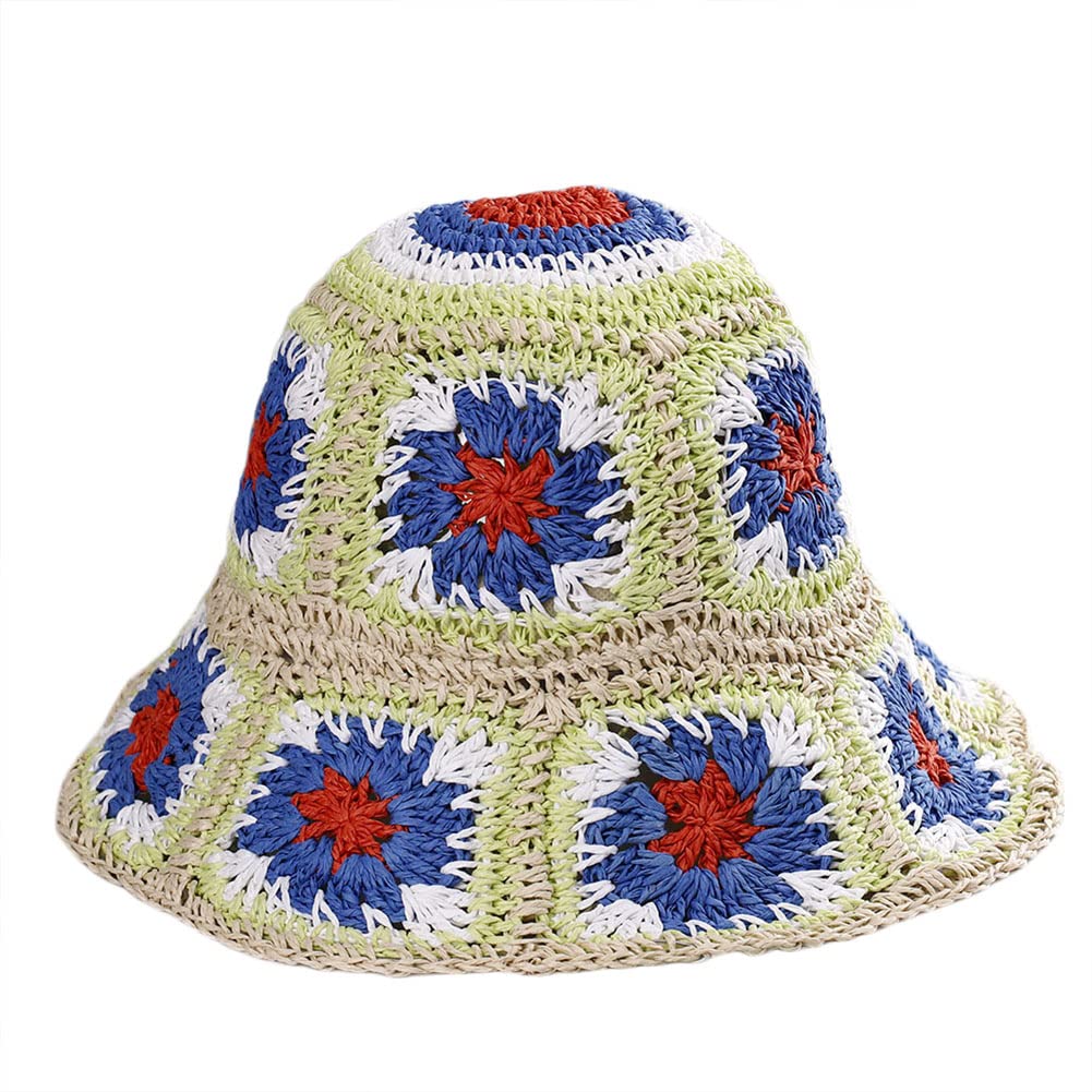 Womens Straw Sun Hat Floral Woven Bucket Hat Fishing Hat Beach Hat Hand Woven Foldable Cap