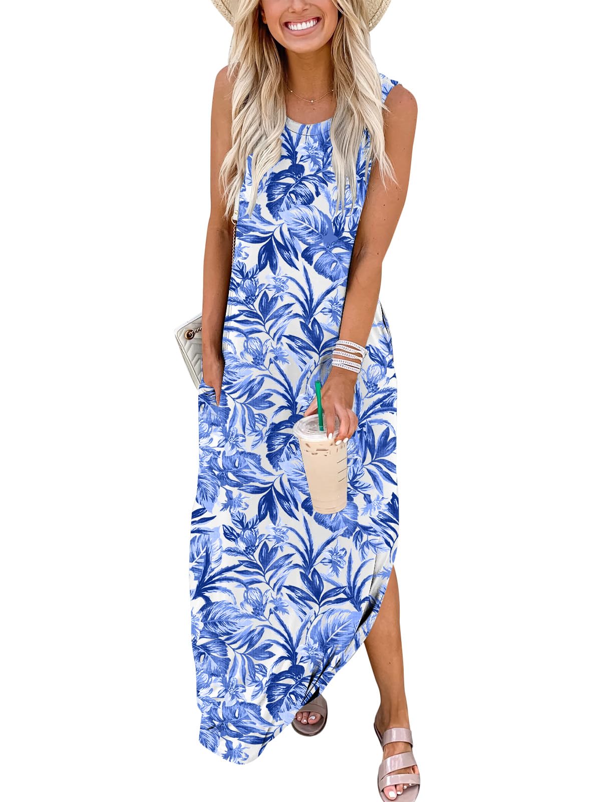 ANRABESS Women Casual Loose Sundress Sleeveless Split Maxi Long Beach Shirt Dress Travel Vacation 2024 Summer Outfits