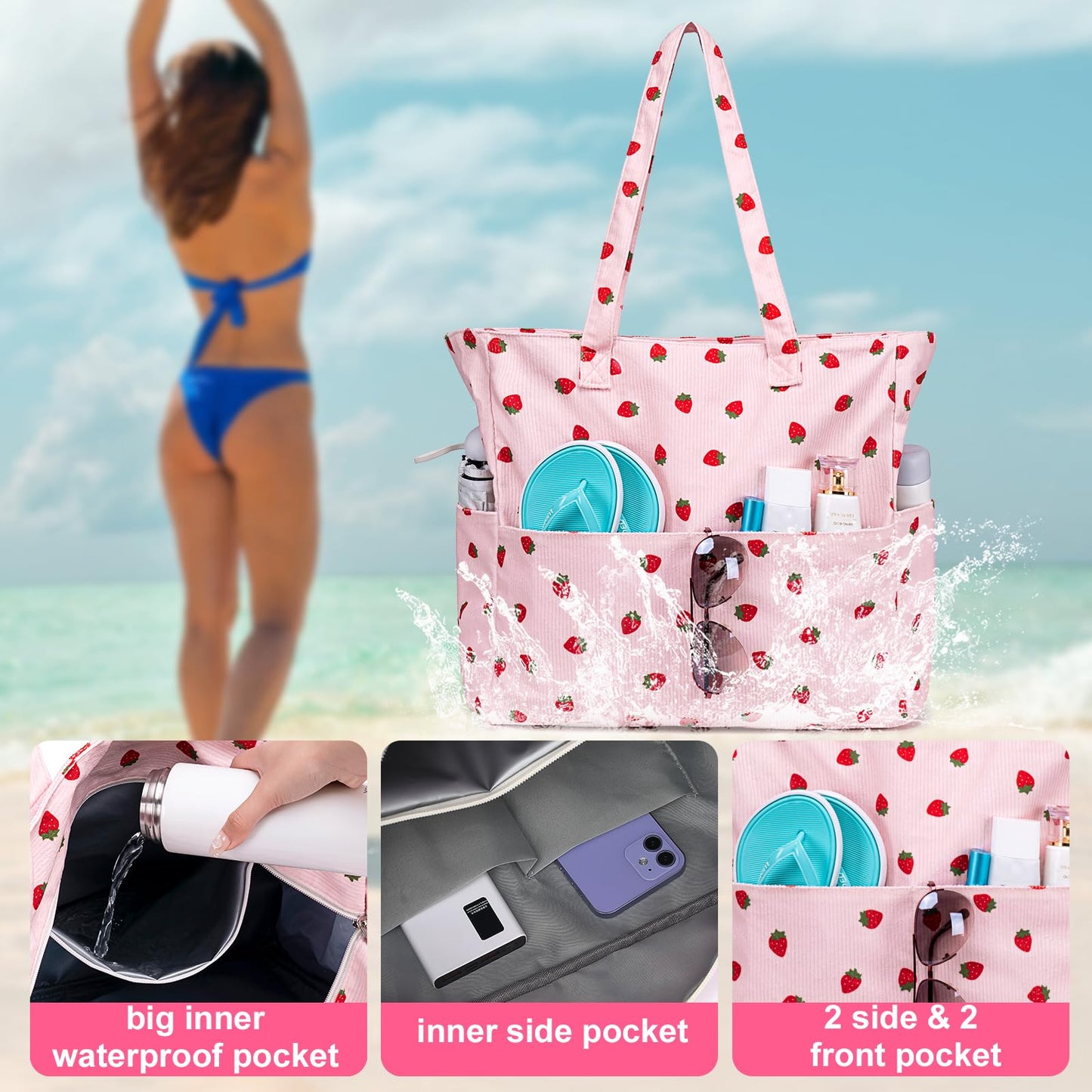 LEDAOU Large Beach Tote Bag Women Waterproof Sandproof Zipper Beach Tote Bag for Pool Gym Grocery Travel with Wet Pocket