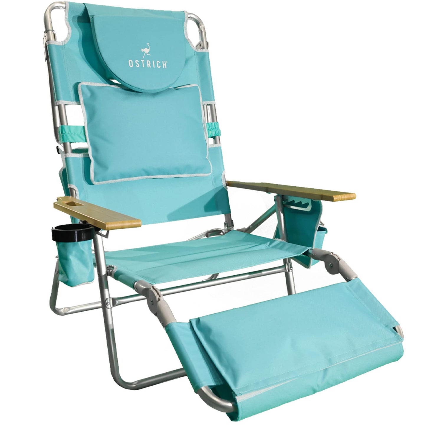 Ostrich Deluxe 3 in 1 Beach Chair with Face Opening - Portable, Reclining Lounger for Tanning - Face Hole for Reading on Stomach - Padded Footrest, Removable Pillow - Aluminum (Green)