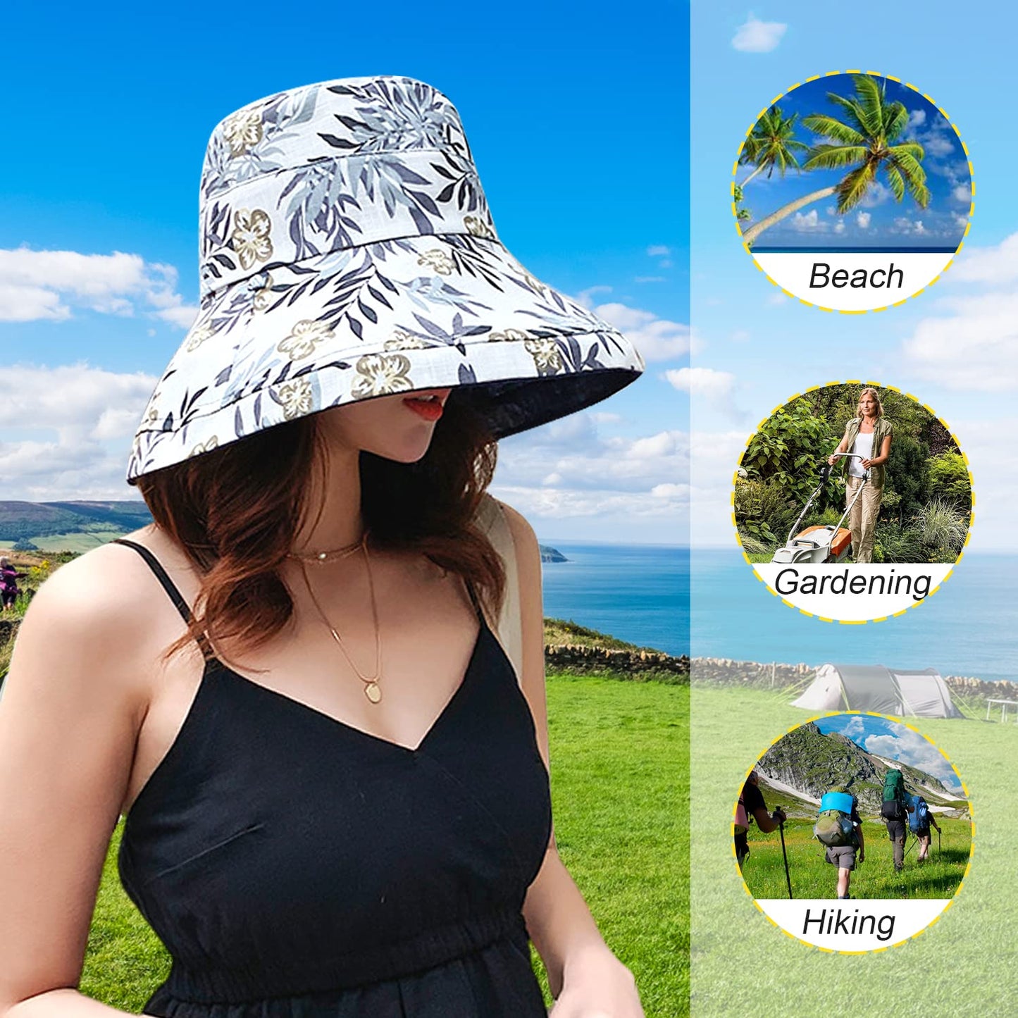 Women Wide Brim Sun Hats Metal Wired Edge Summer UV Protection Beach Fishing Hat for Hiking Garden Travel Chin Strap