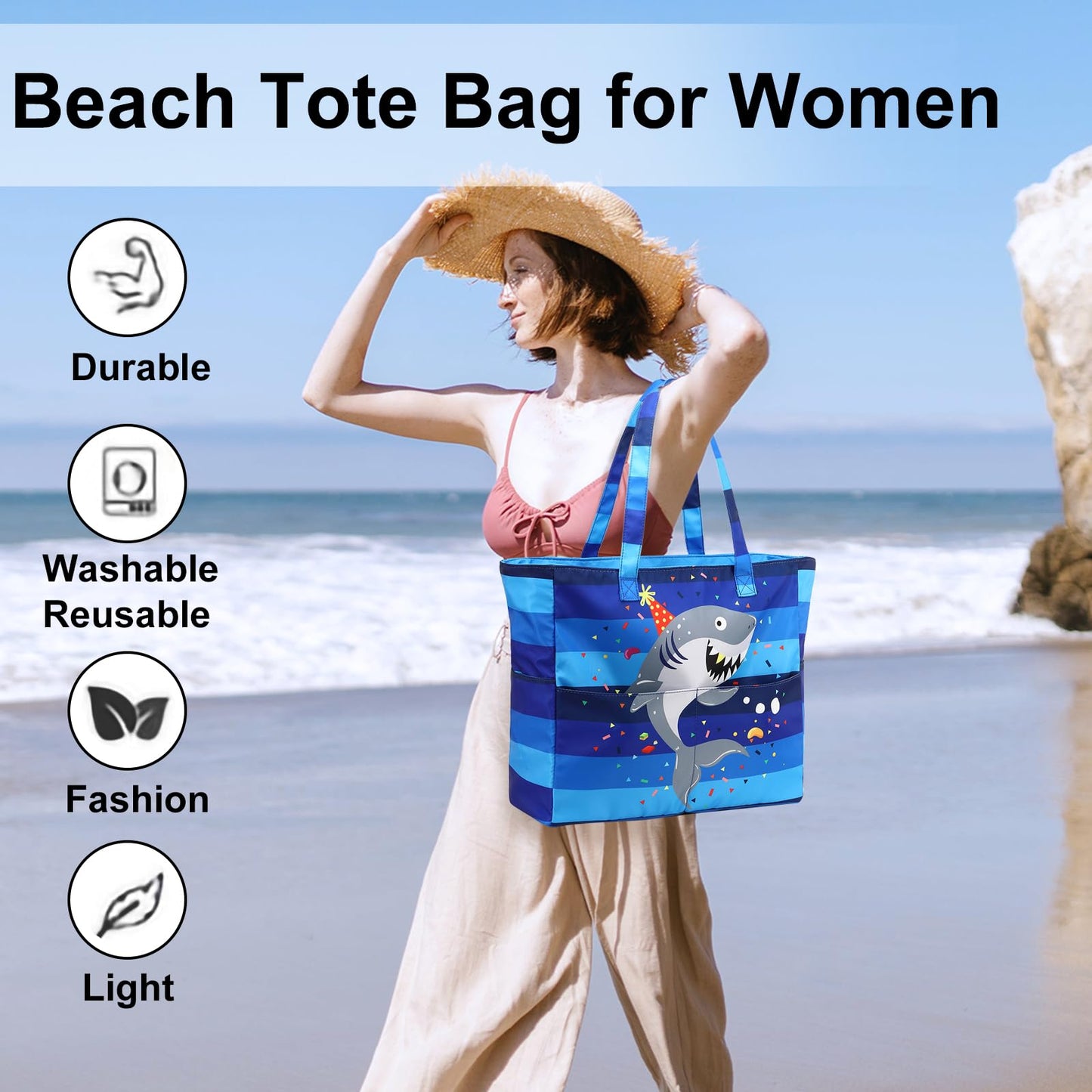 LEDAOU Large Beach Tote Bag Women Waterproof Sandproof Zipper Beach Tote Bag for Pool Gym Grocery Travel with Wet Pocket