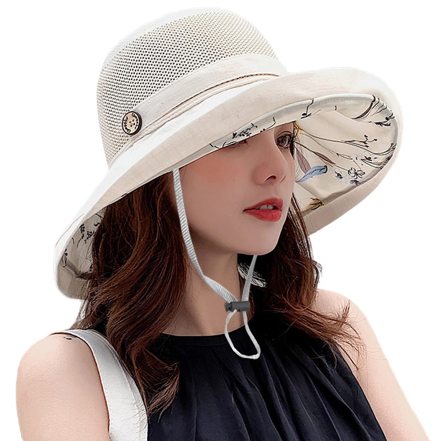 Women Wide Brim Sun Hats Metal Wired Edge Summer UV Protection Beach Fishing Hat for Hiking Garden Travel Chin Strap