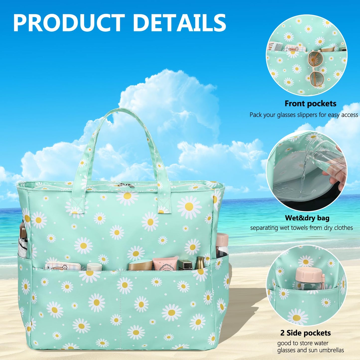 LEDAOU Large Beach Tote Bag Women Waterproof Sandproof Zipper Beach Tote Bag for Pool Gym Grocery Travel with Wet Pocket