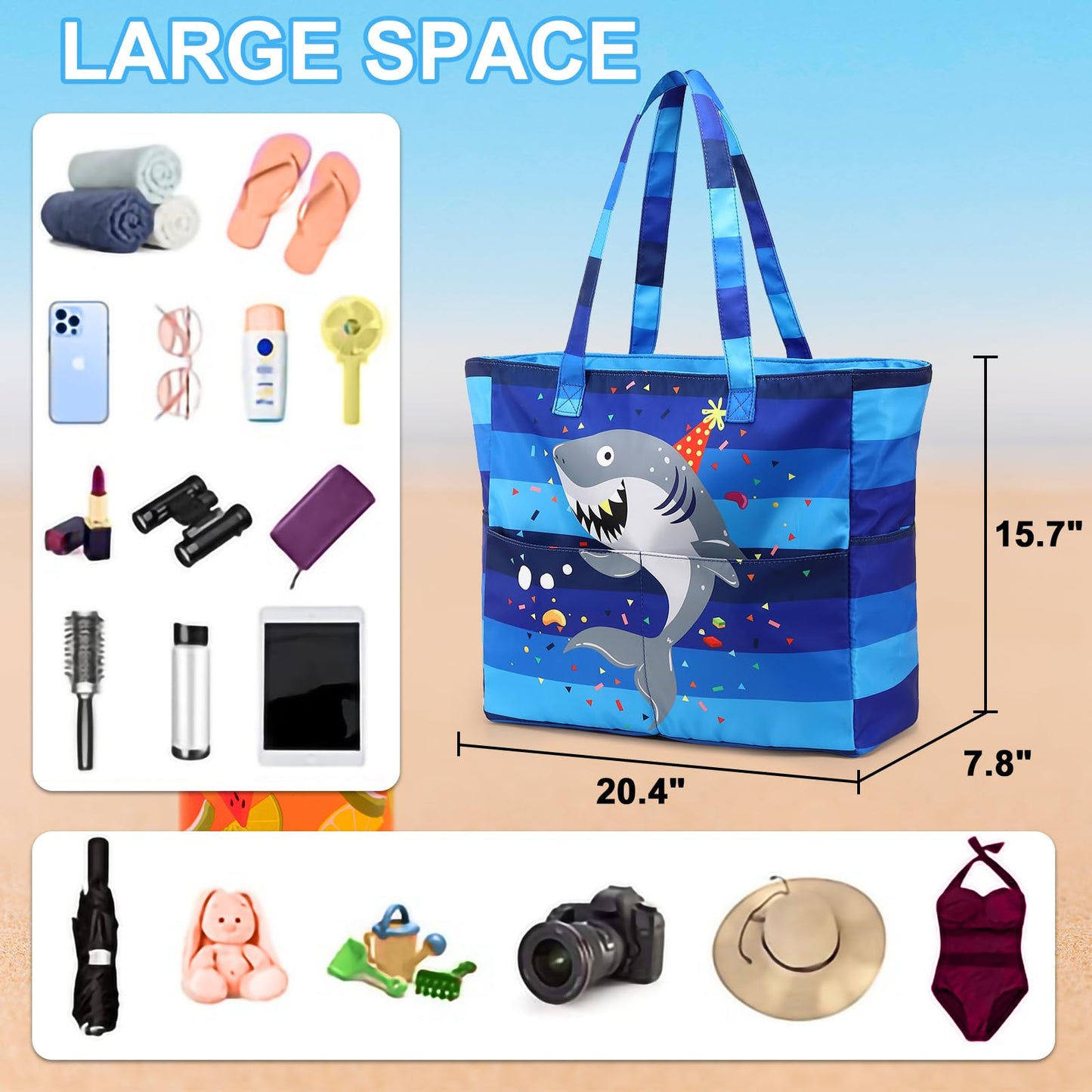 LEDAOU Large Beach Tote Bag Women Waterproof Sandproof Zipper Beach Tote Bag for Pool Gym Grocery Travel with Wet Pocket