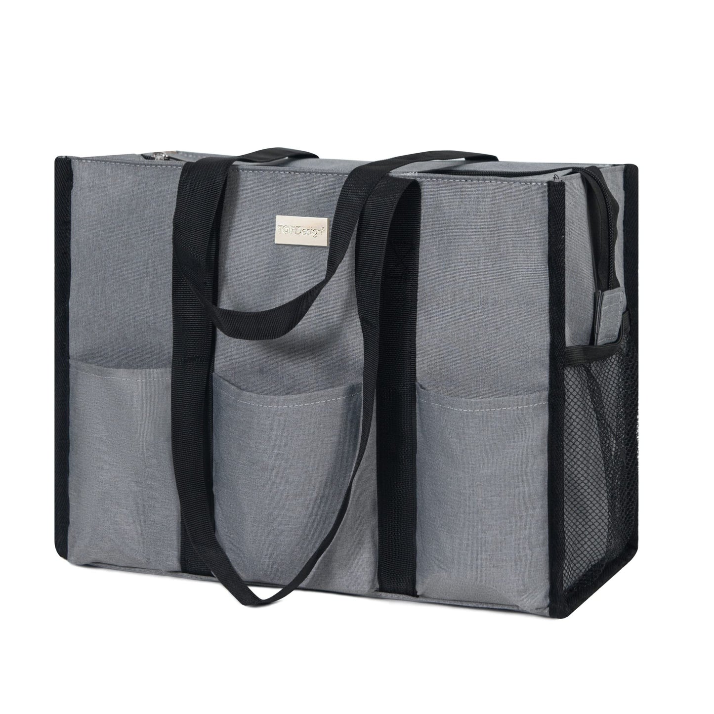 TOPDesign Utility Water Resistant Tote Bag with 13 Exterior & Interior Pockets, Top Zipper Closure & Thick Bottom Support