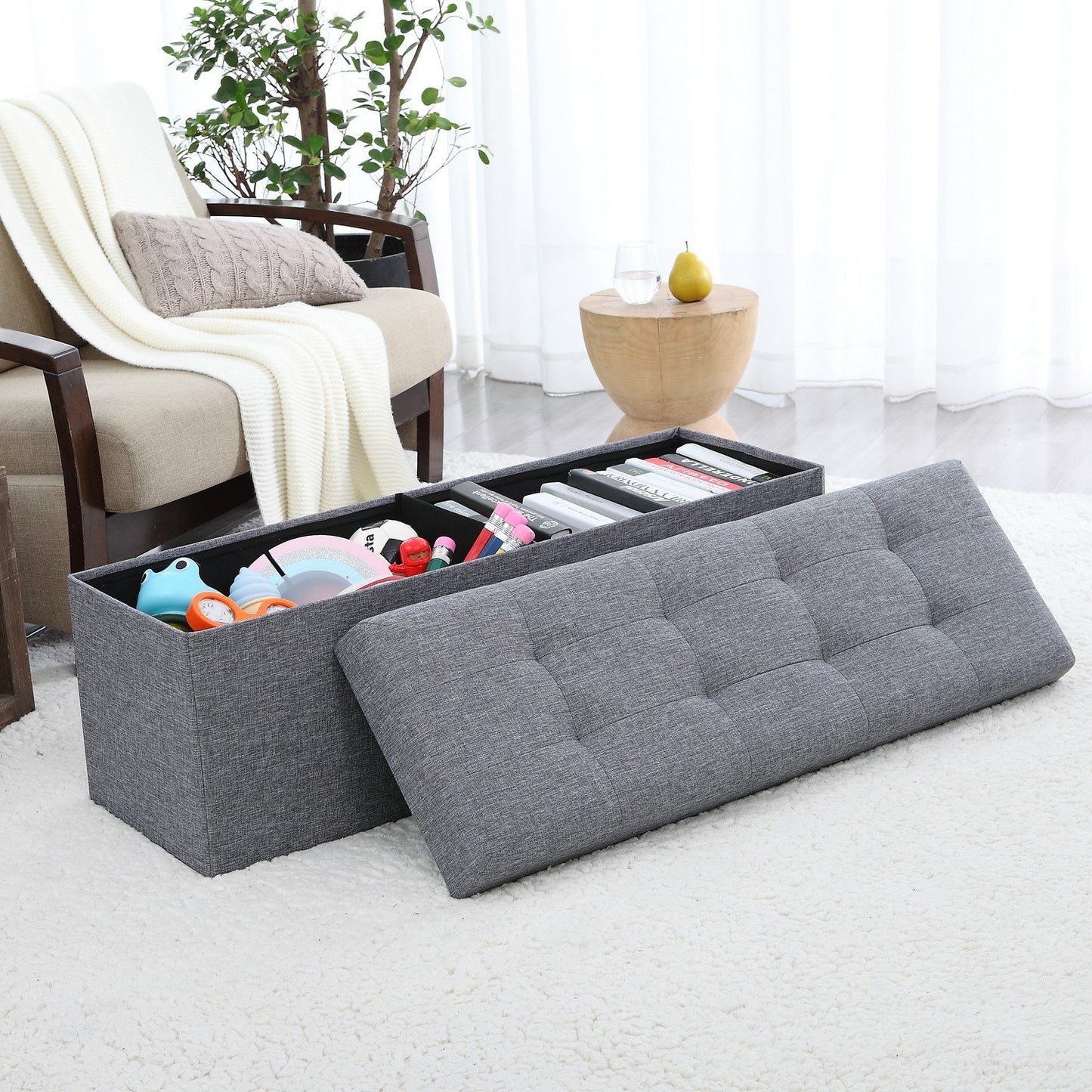 Ornavo Home 45 Inch Folding Storage Ottoman with Storage Bench, Long Large Storage Ottoman Bench, Storage Chest, Foot Rest Stool, Bedroom Bench with Storage - (Gray)