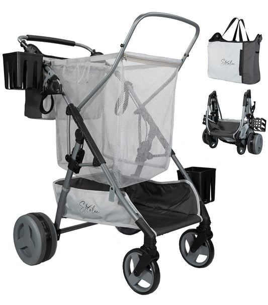 Large Wheeled Collapsible Beach Cart for Soft Sand, Fishing, Camping & Garden- Lightweight Rust-Free Aluminum Frame- Removable Personal Item Storage, X-L Capacity & Cooler Rack- Best Grey