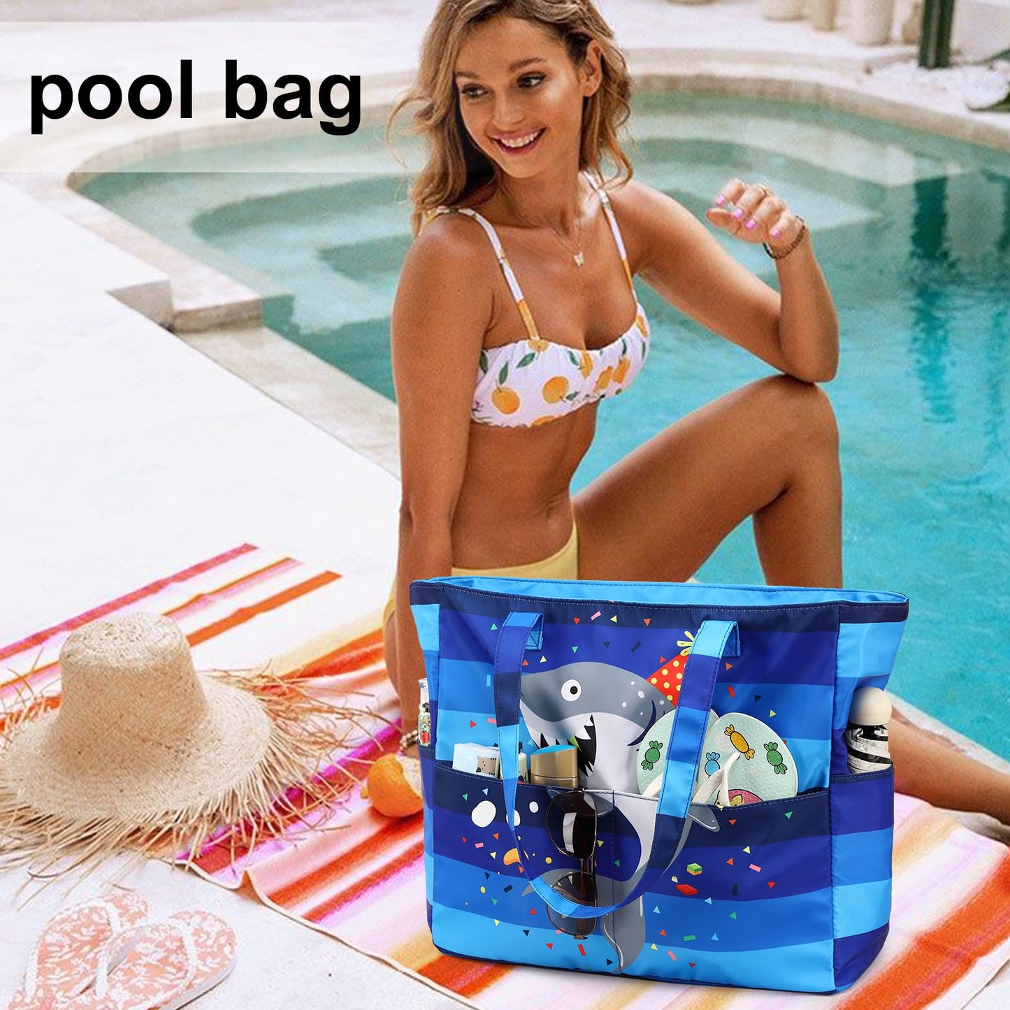 LEDAOU Large Beach Tote Bag Women Waterproof Sandproof Zipper Beach Tote Bag for Pool Gym Grocery Travel with Wet Pocket