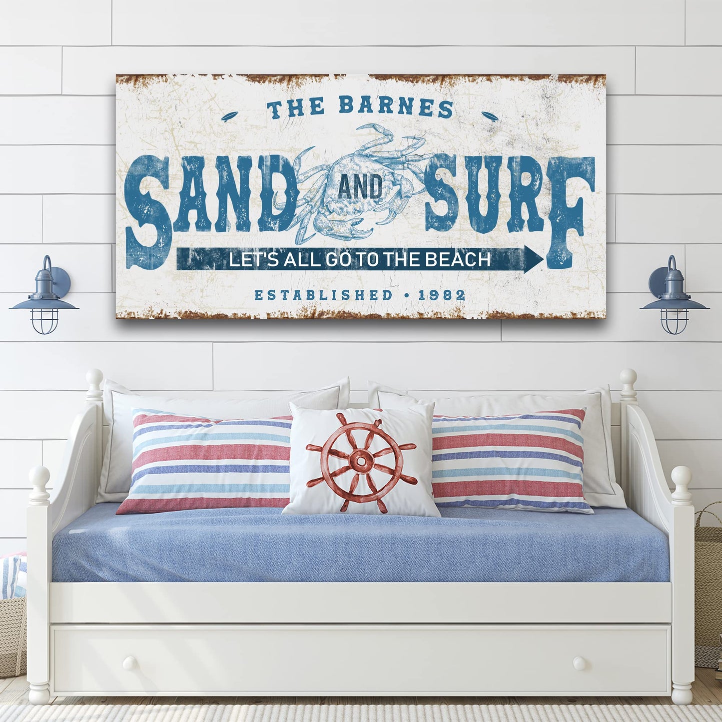 TAILORED CANVASES Beach Sign Wall Decor - Large Personalized Canvas, Coastal Wall Art Beach Signs for Home, Ocean, House, Porch, Living Room, and Bedroom - Sand and Surf, Rustic Decoration, 20"x10"