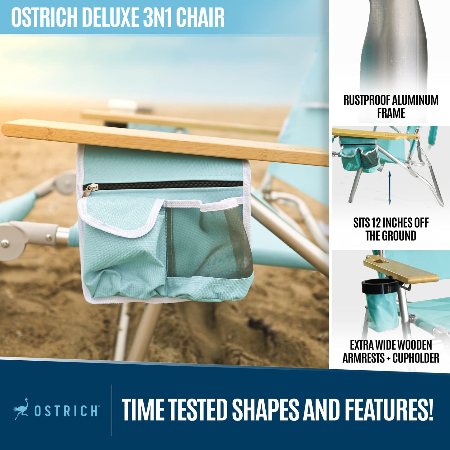 Ostrich Deluxe 3 in 1 Beach Chair with Face Opening - Portable, Reclining Lounger for Tanning - Face Hole for Reading on Stomach - Padded Footrest, Removable Pillow - Aluminum (Green)