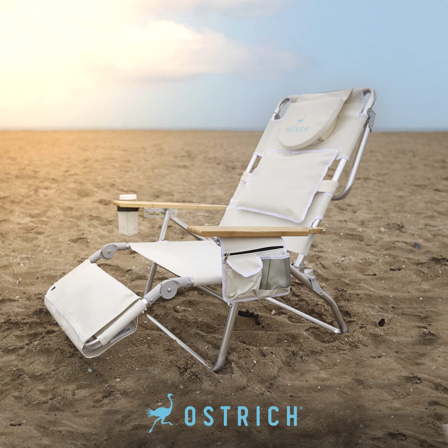 Ostrich Deluxe 3 in 1 Beach Chair with Face Opening - Portable, Reclining Lounger for Tanning - Face Hole for Reading on Stomach - Padded Footrest, Removable Pillow - Aluminum (Green)