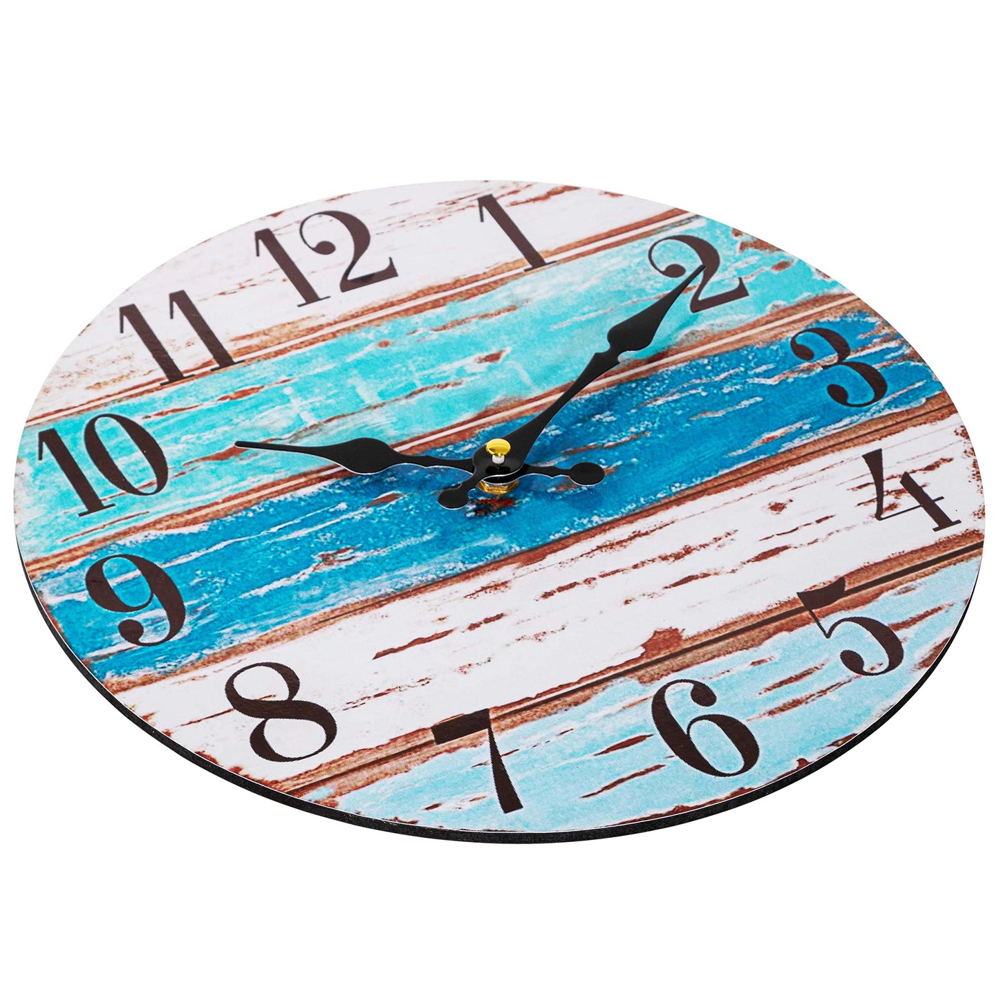 12 Inch Beach Themed Wall Clock, Rustic Weathered Boards in Coastal Colors with Silent Non Ticking Movement