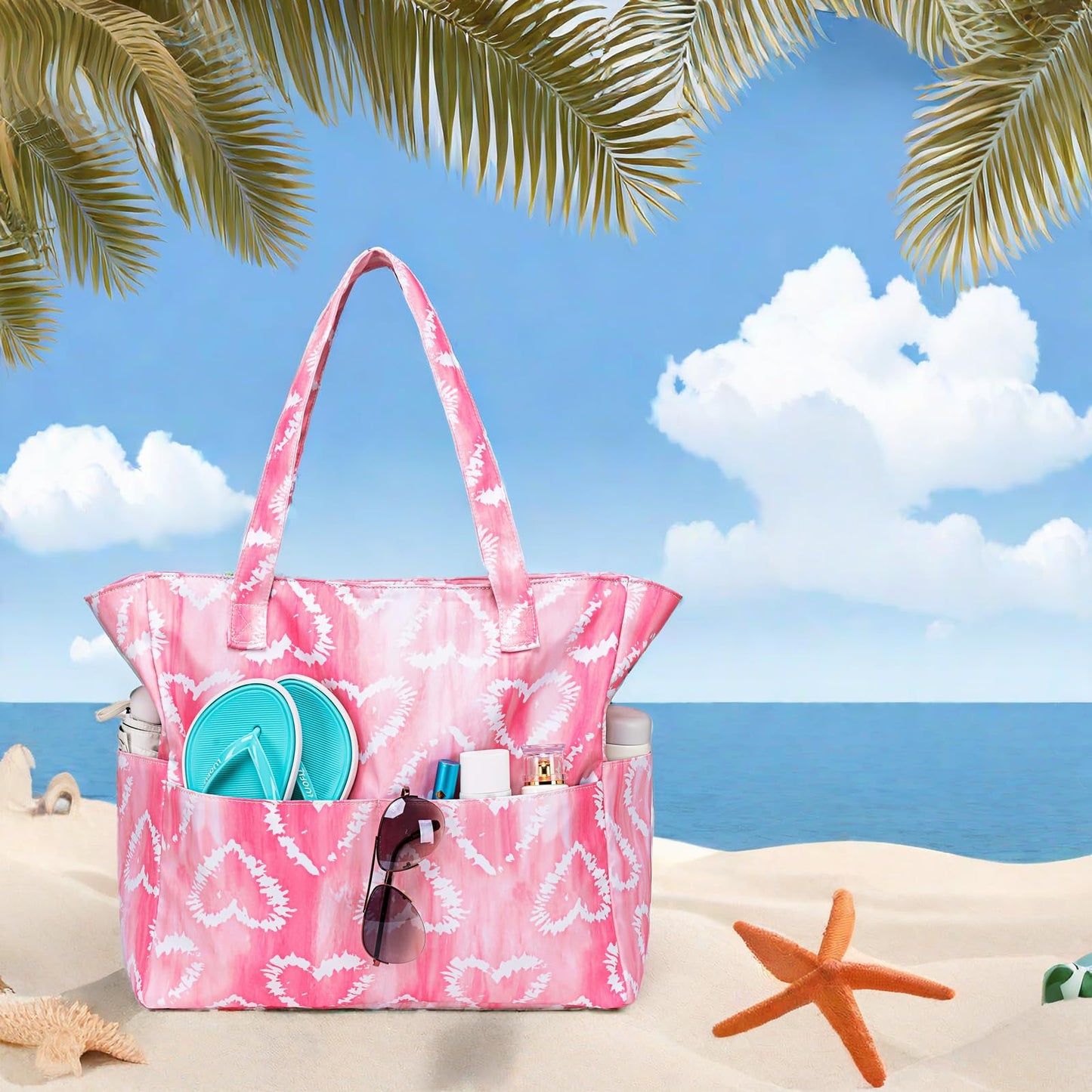 LEDAOU Large Beach Tote Bag Women Waterproof Sandproof Zipper Beach Tote Bag for Pool Gym Grocery Travel with Wet Pocket