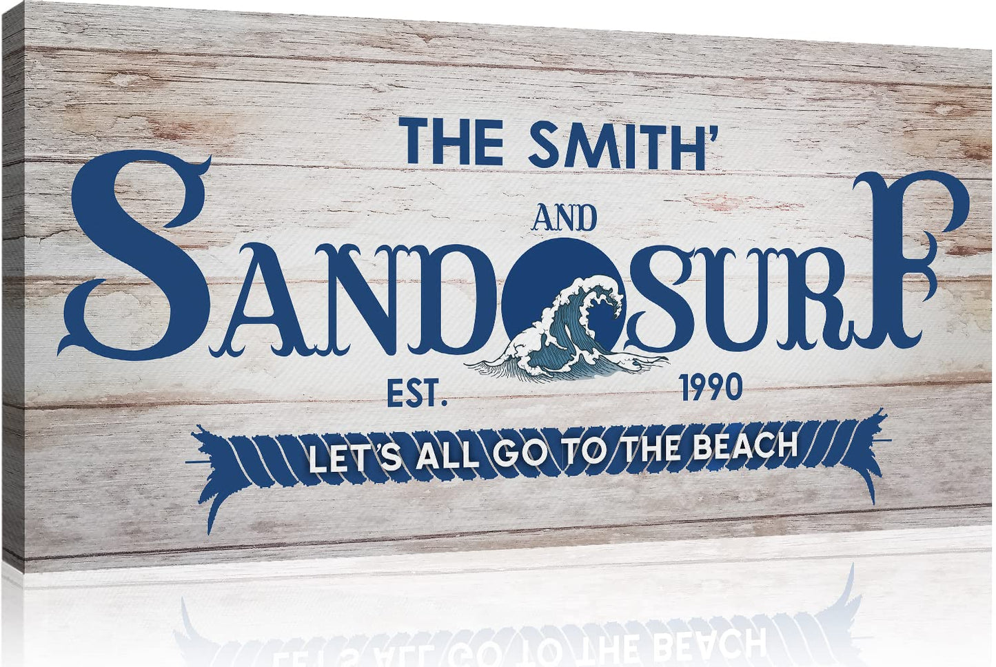 TAILORED CANVASES Beach Sign Wall Decor - Large Personalized Canvas, Coastal Wall Art Beach Signs for Home, Ocean, House, Porch, Living Room, and Bedroom - Sand and Surf, Rustic Decoration, 20"x10"