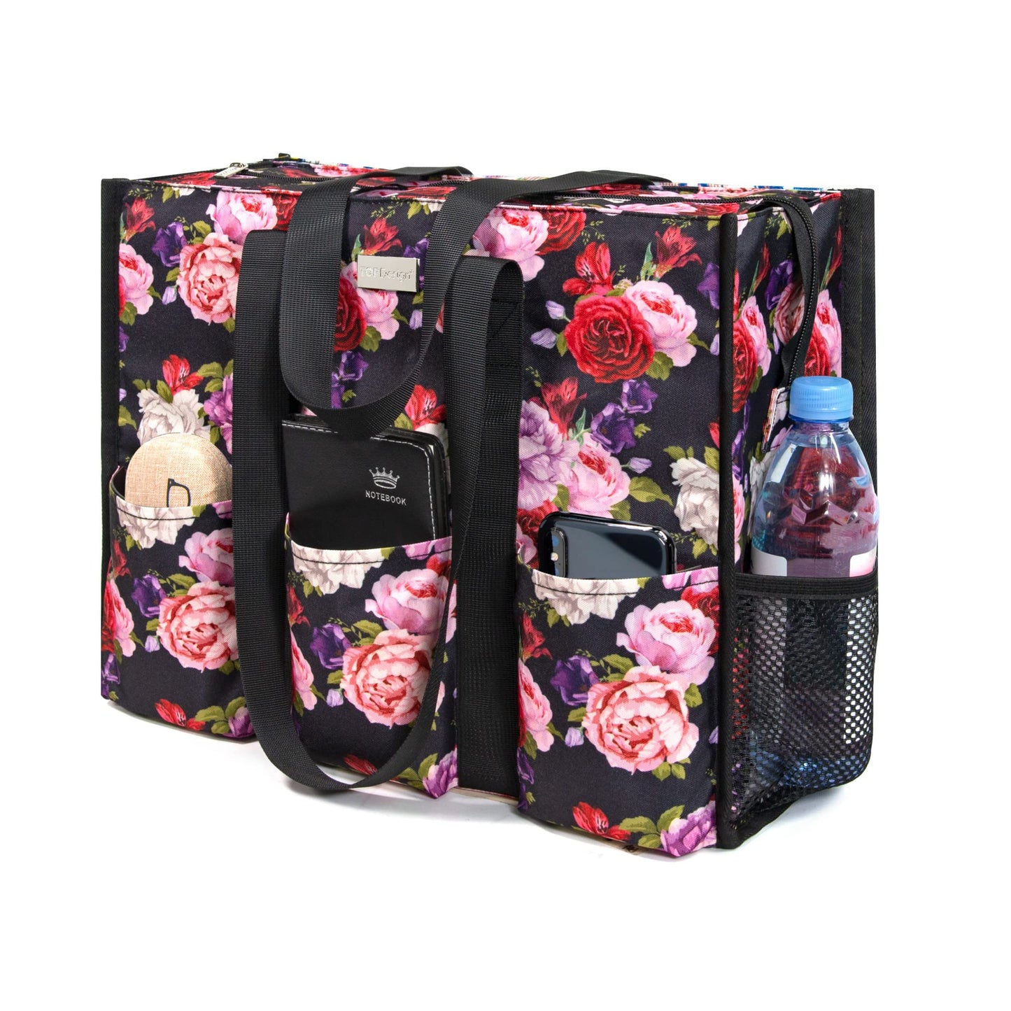 TOPDesign Utility Water Resistant Tote Bag with 13 Exterior & Interior Pockets, Top Zipper Closure & Thick Bottom Support