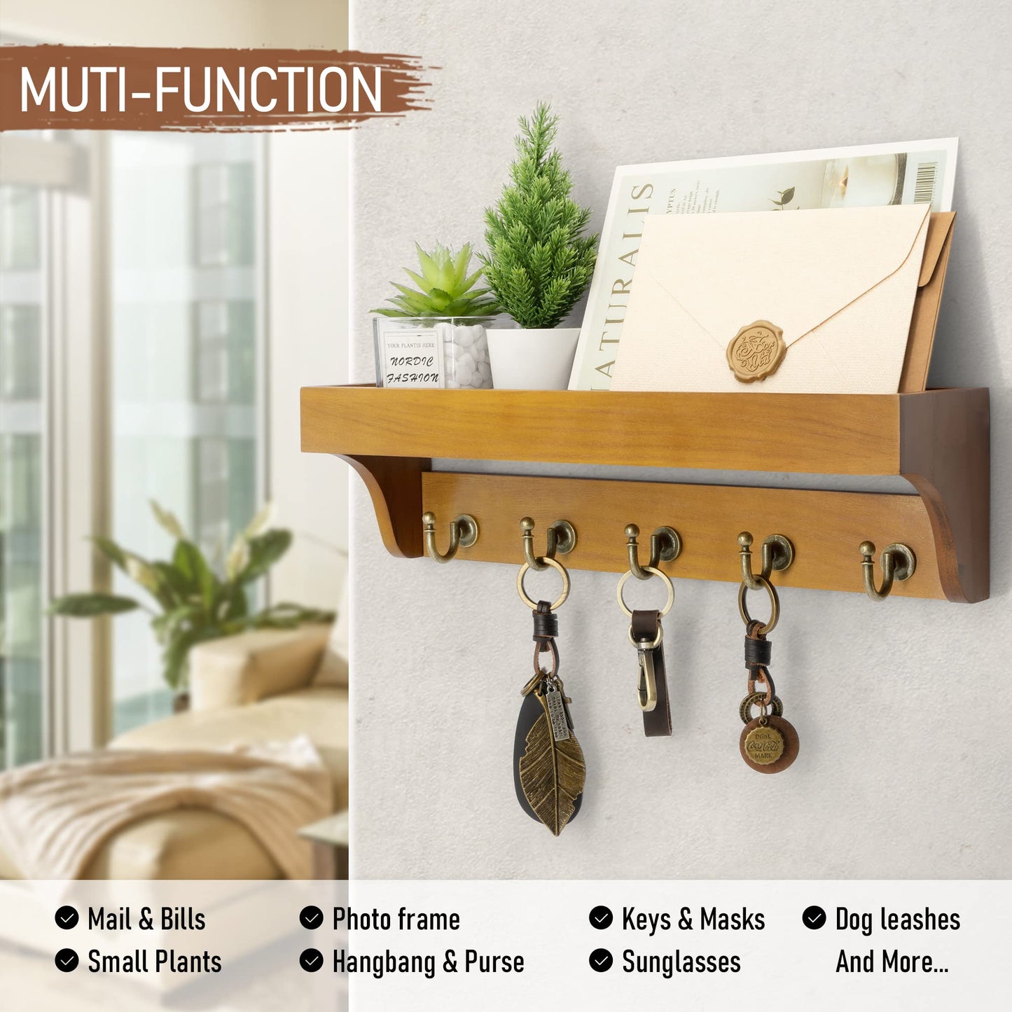 Rebee Vision Key and Mail Holder for Wall with floating Shelf : Decorative hanging organizer with 5 Sturdy Keys Hooks and Wall Mount Key Rack - Farmhouse Entryway Décor (Modern White)