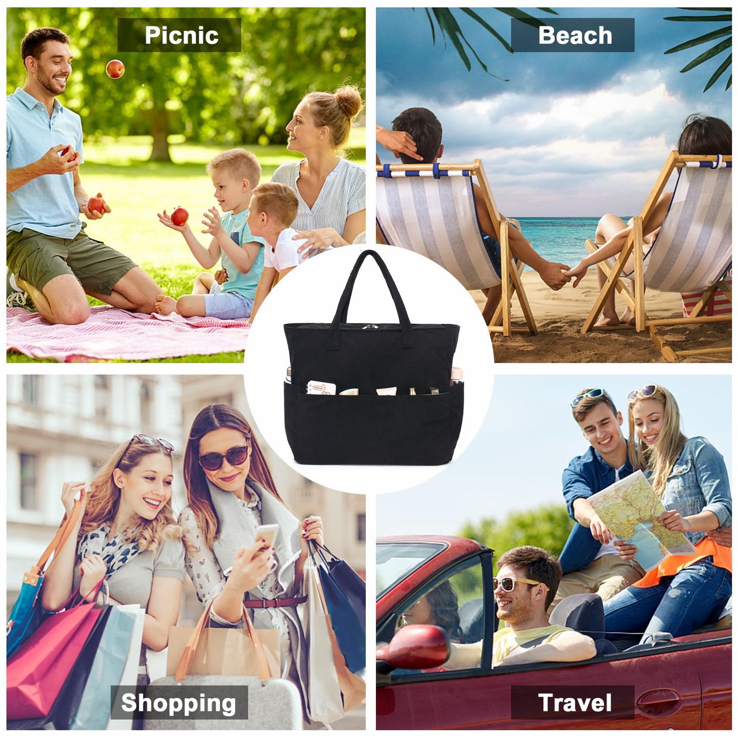 LEDAOU Large Beach Tote Bag Women Waterproof Sandproof Zipper Beach Tote Bag for Pool Gym Grocery Travel with Wet Pocket