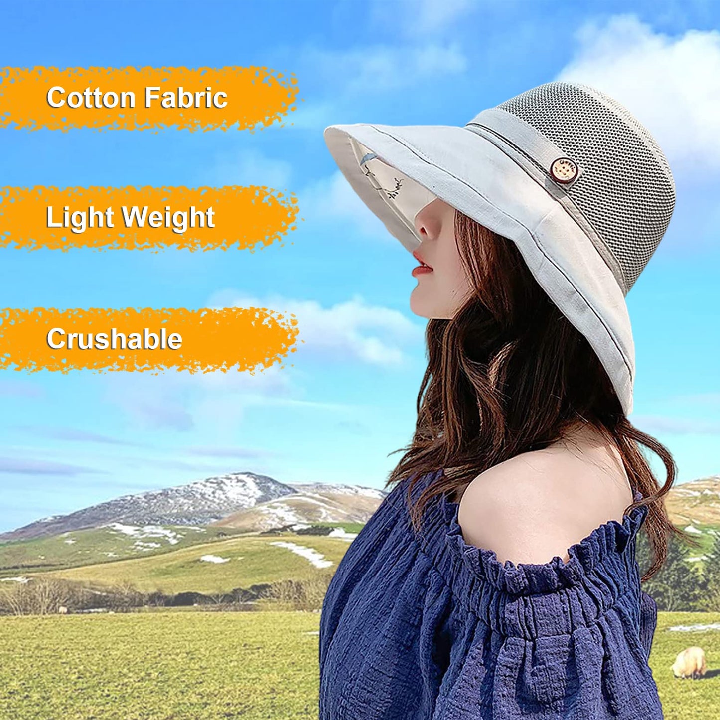 Women Wide Brim Sun Hats Metal Wired Edge Summer UV Protection Beach Fishing Hat for Hiking Garden Travel Chin Strap